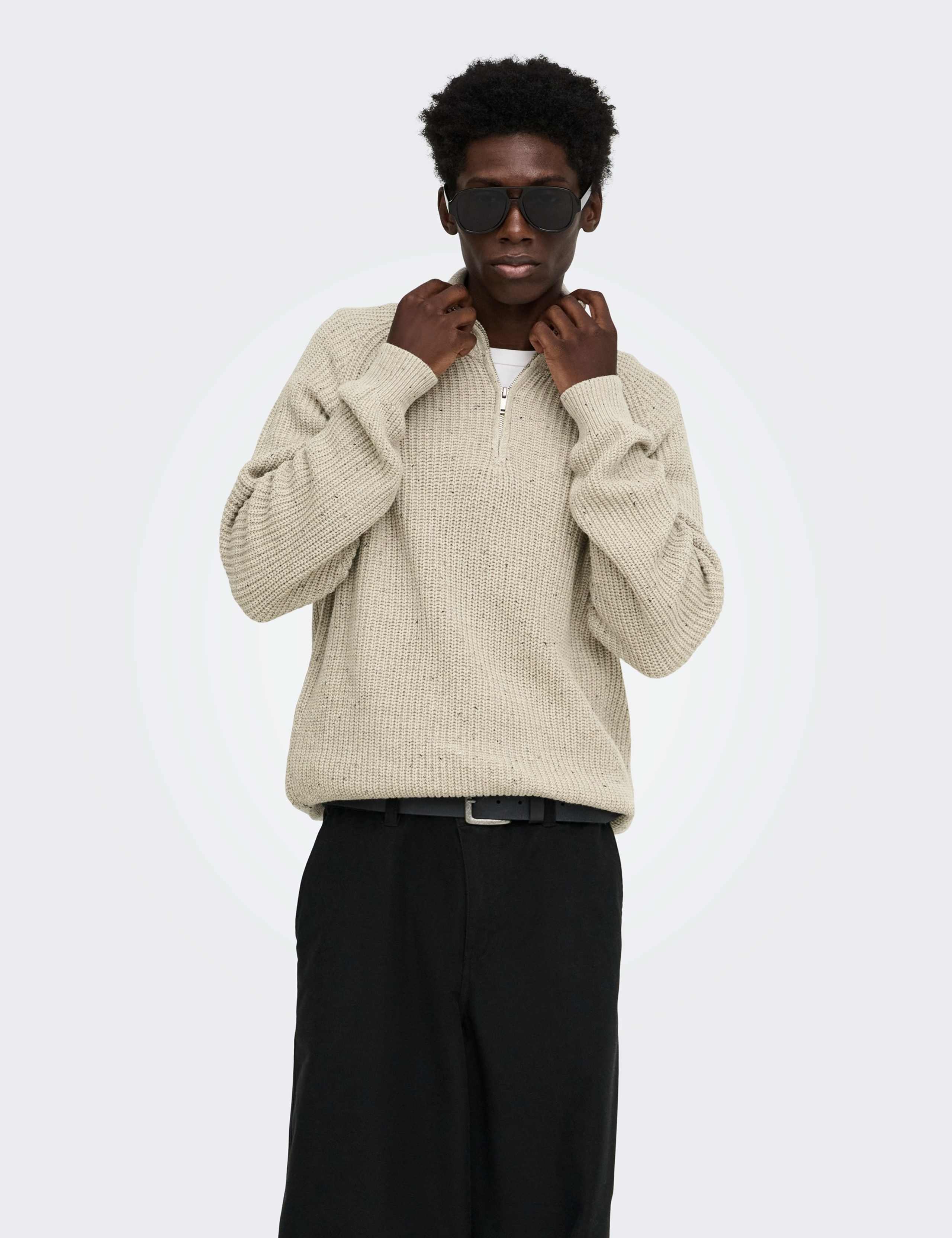 Cotton Rich Textured Funnel Neck Zip Up Jumper