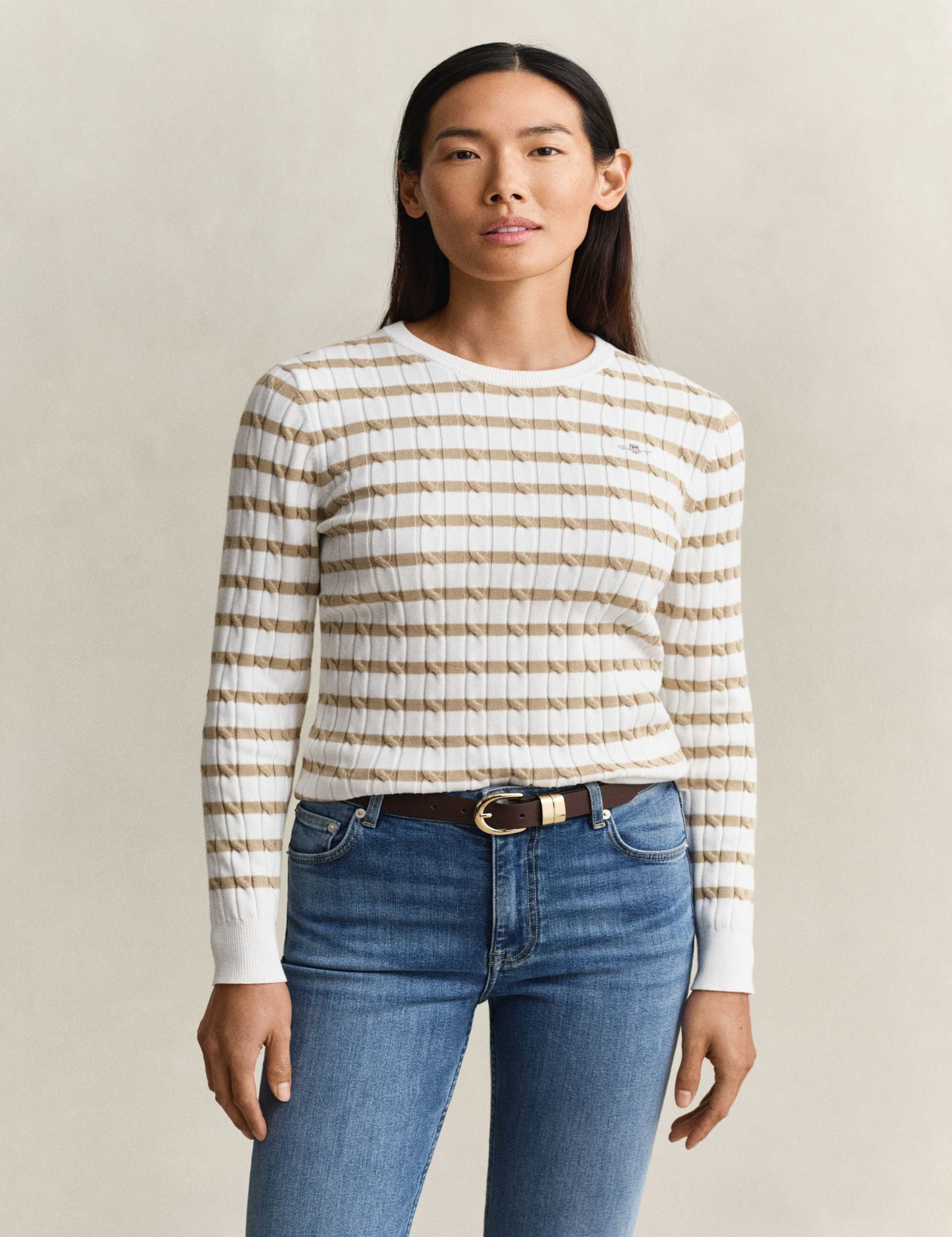 Cotton Rich Cable Striped Crew Neck Jumper