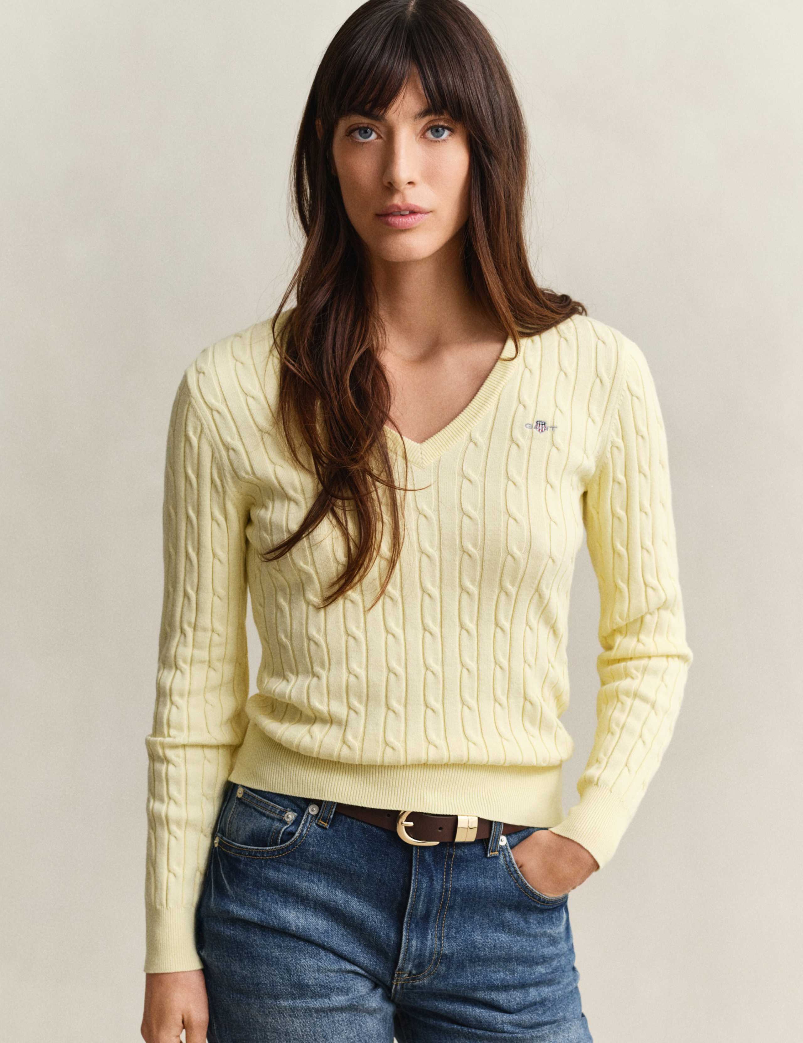 Cotton Rich Cable Knit V-Neck Jumper