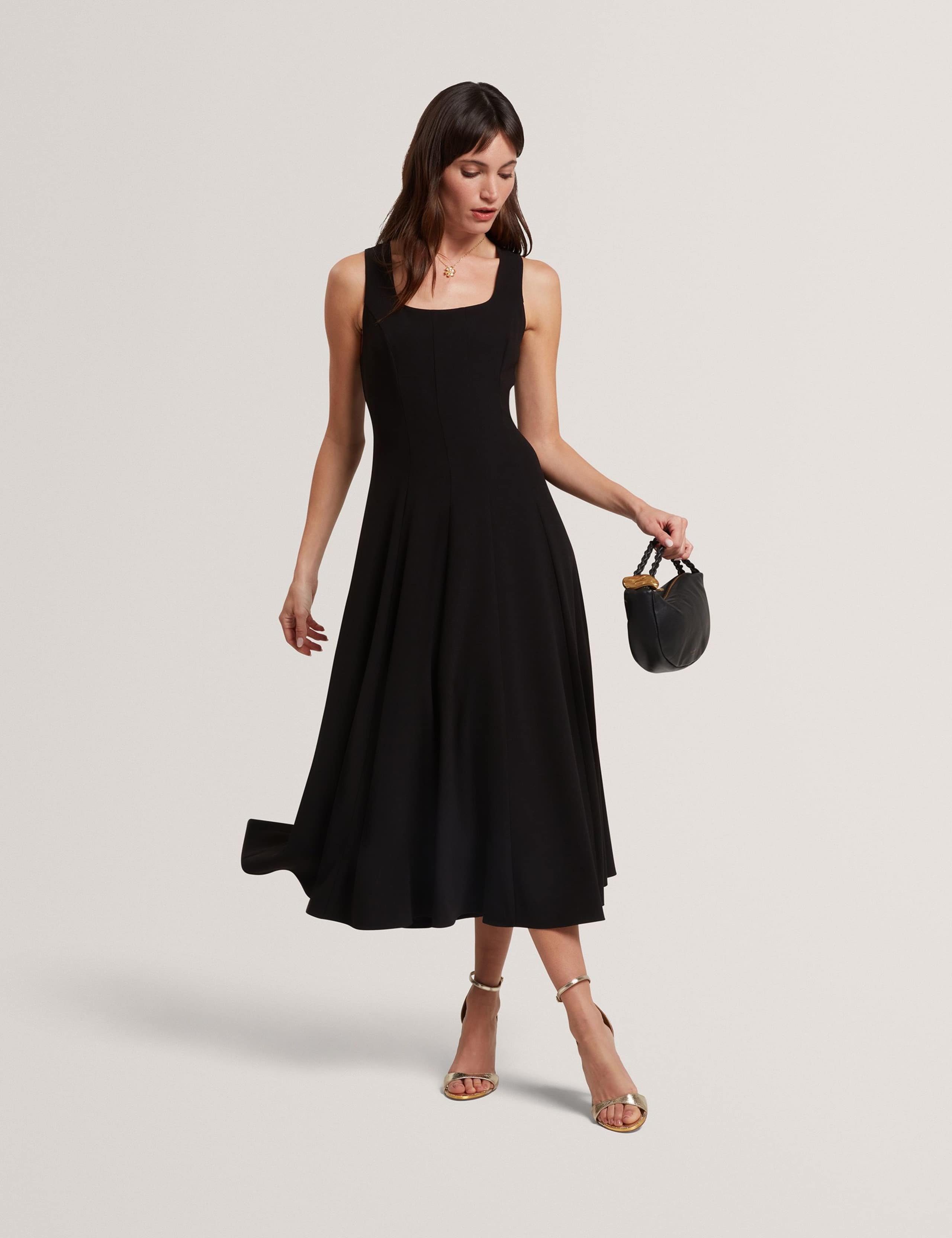 Square Neck Pleated Midi Skater Dress