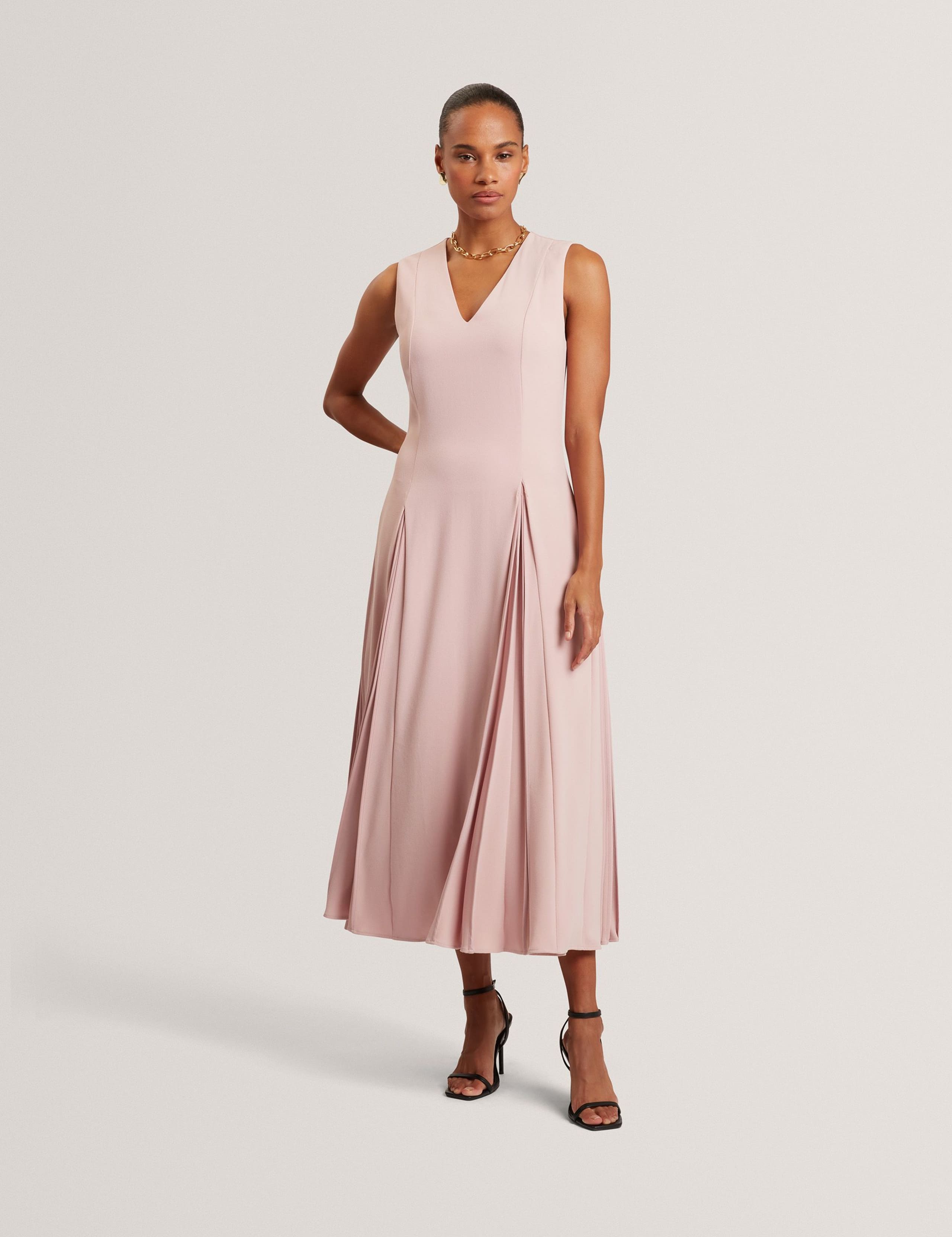 V-Neck Pleat Detail Midi Skater Dress