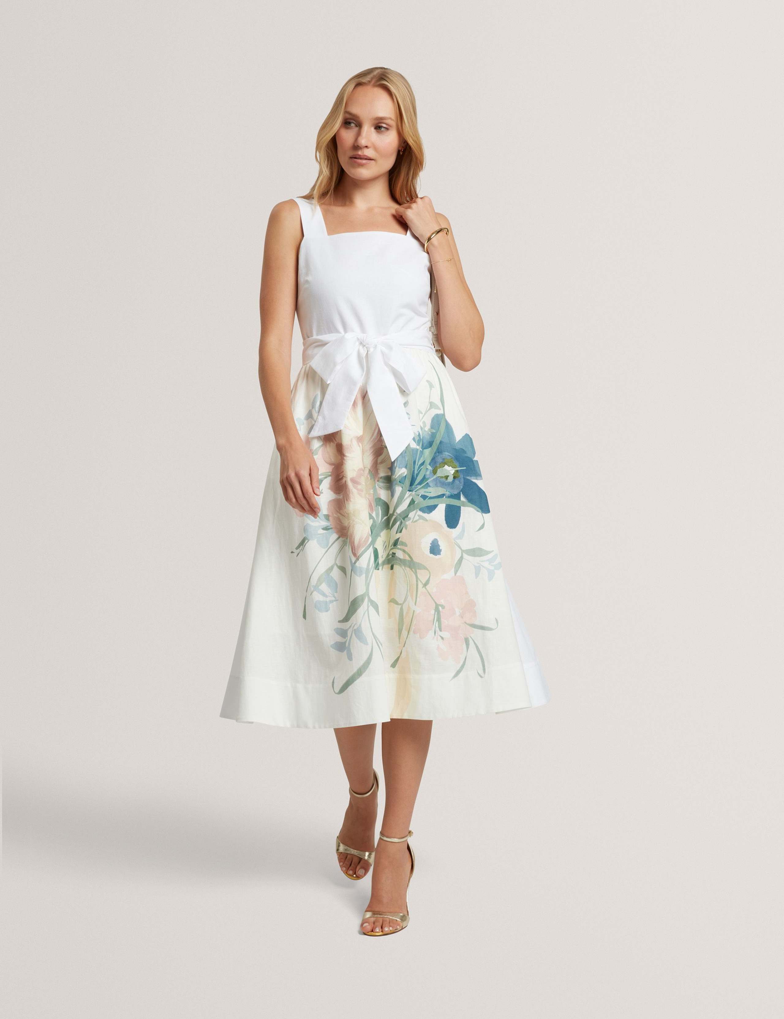 Linen Rich Floral Tie Waist Midi Dress