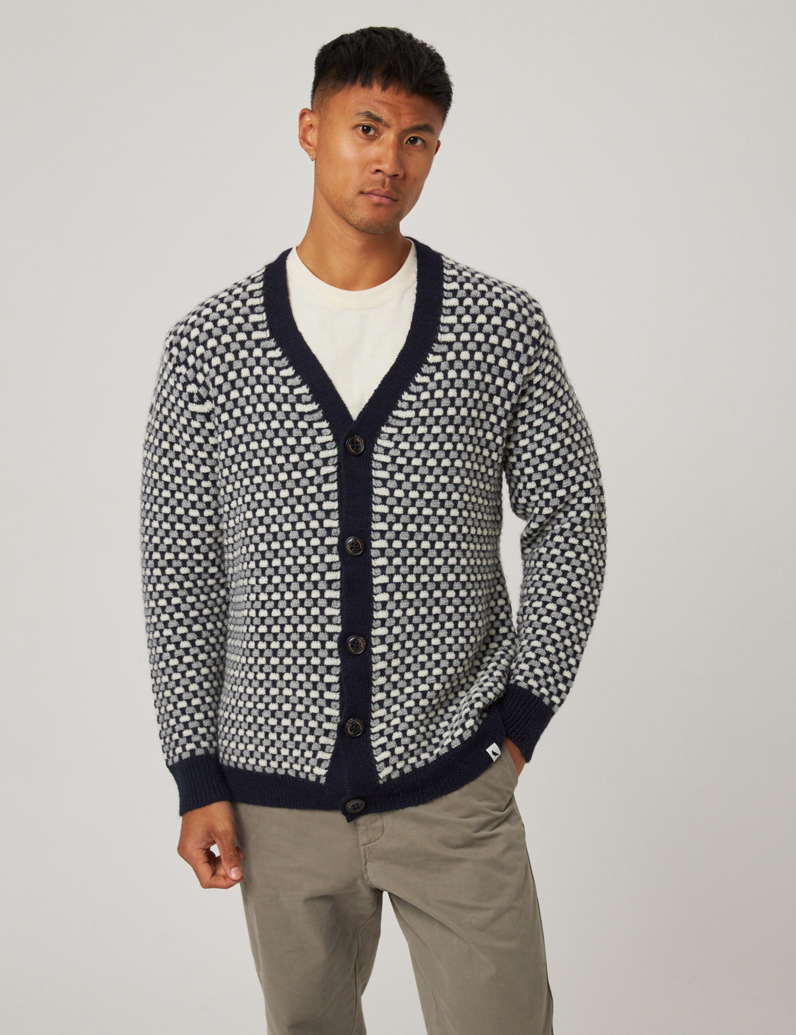 Pure Merino Wool Checked V-Neck Cardigan
