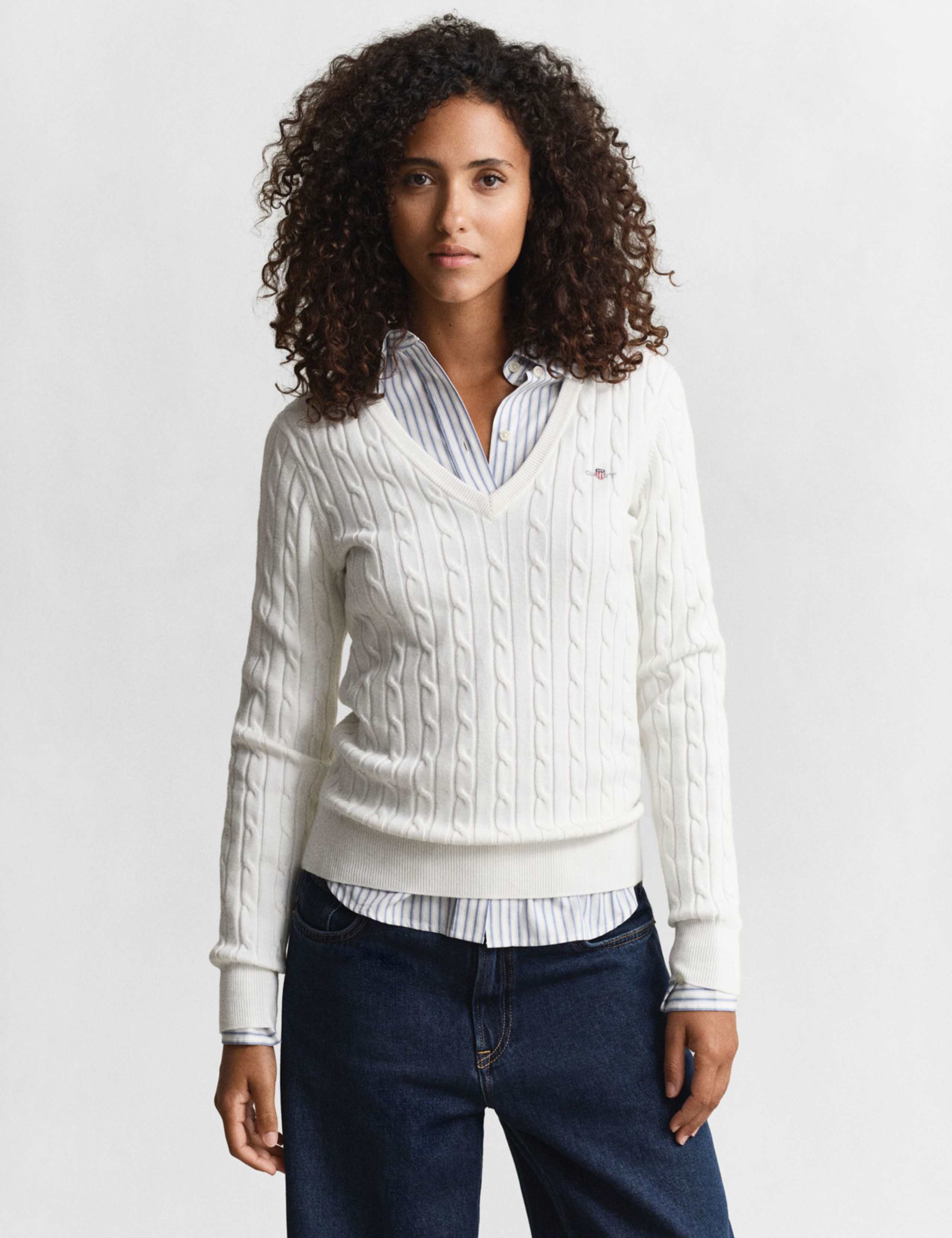 Cotton Rich Cable Knit V-Neck Jumper
