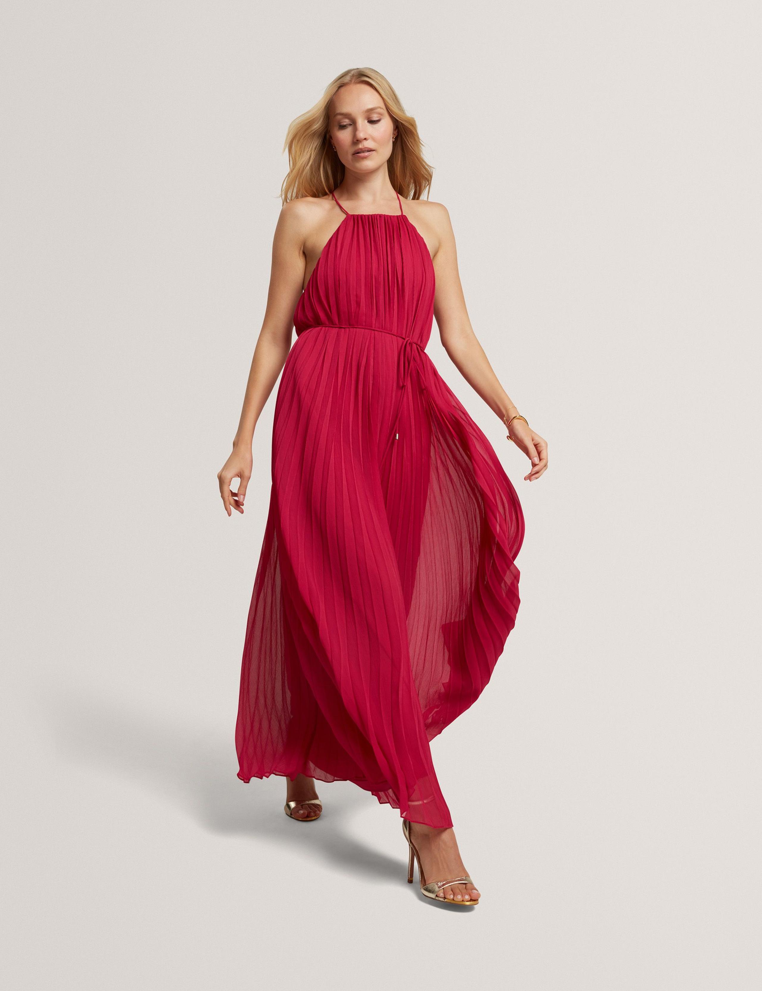 Pleated Halter Neck Maxi Waisted Dress