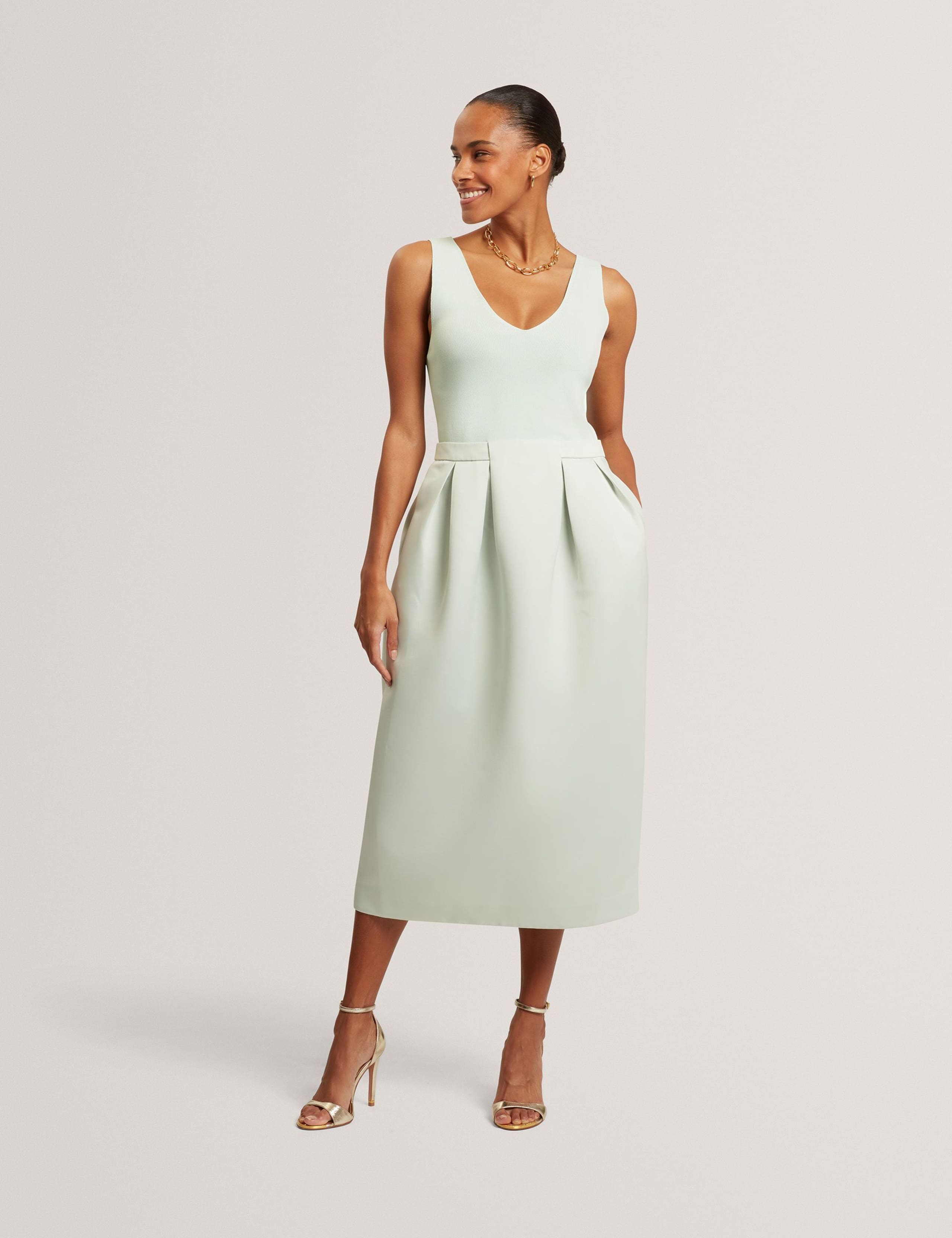 V-Neck Pleated Skirt Midi Dress