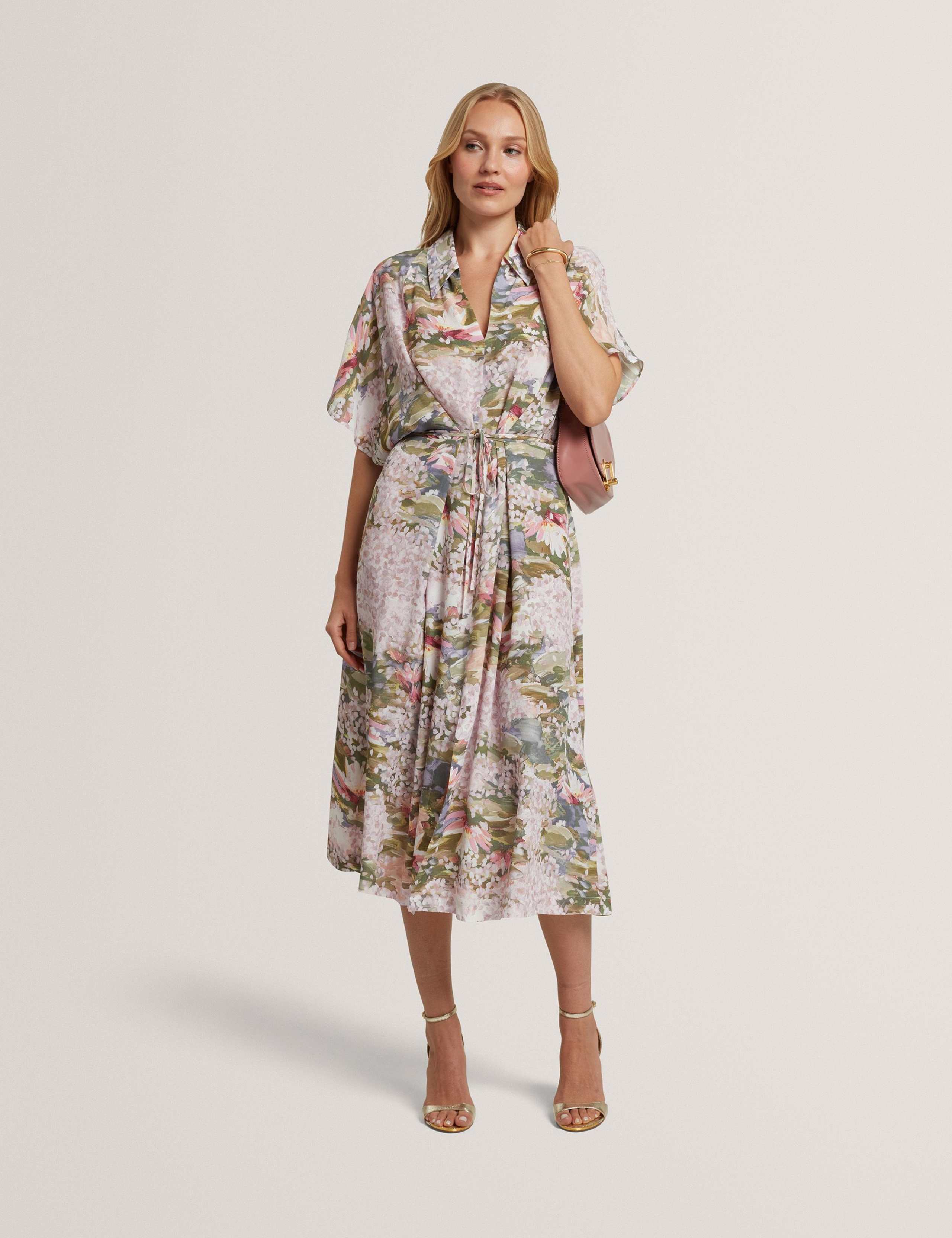 Floral Tie Waist Midi Shirt Dress