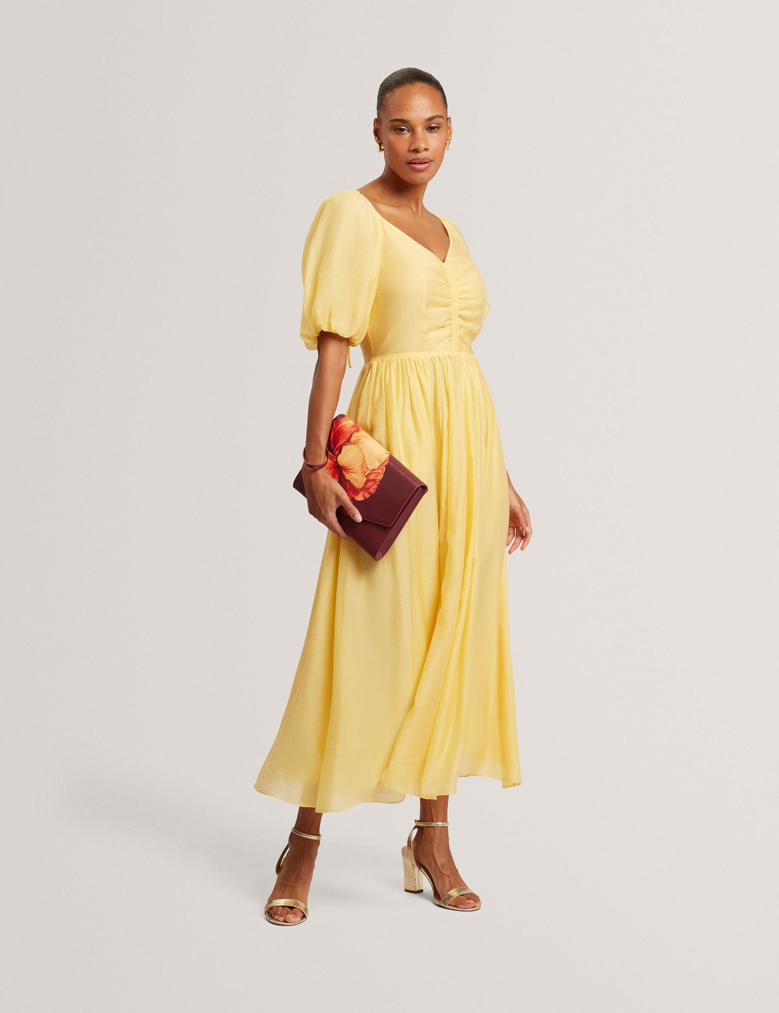 Puff Sleeve Ruched Midi Waisted Dress