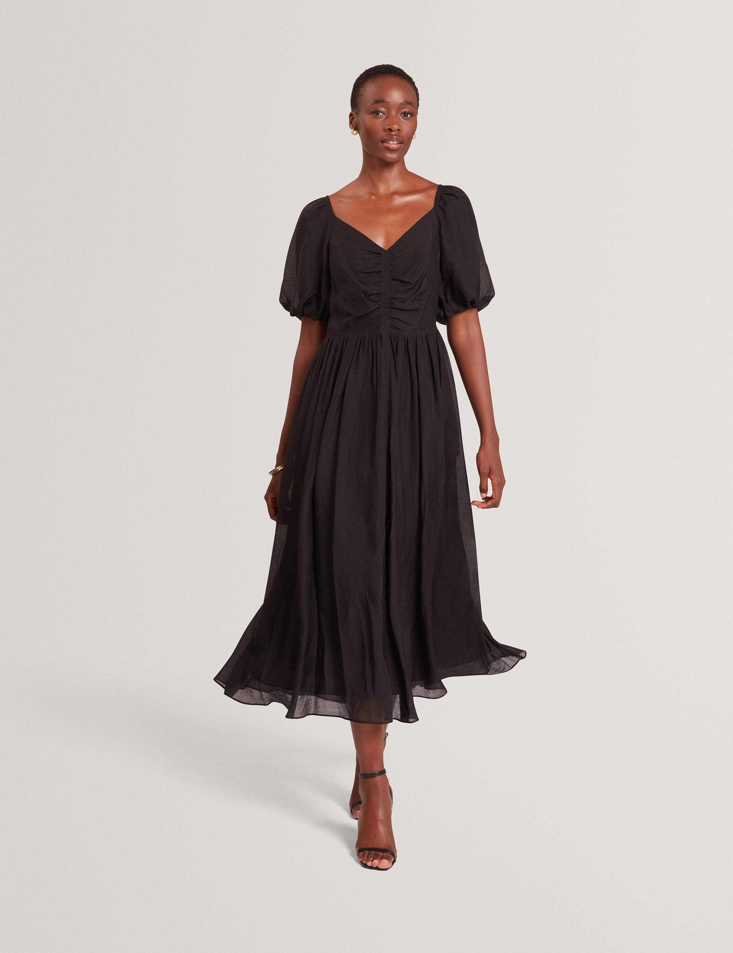 Puff Sleeve Ruched Midi Waisted Dress