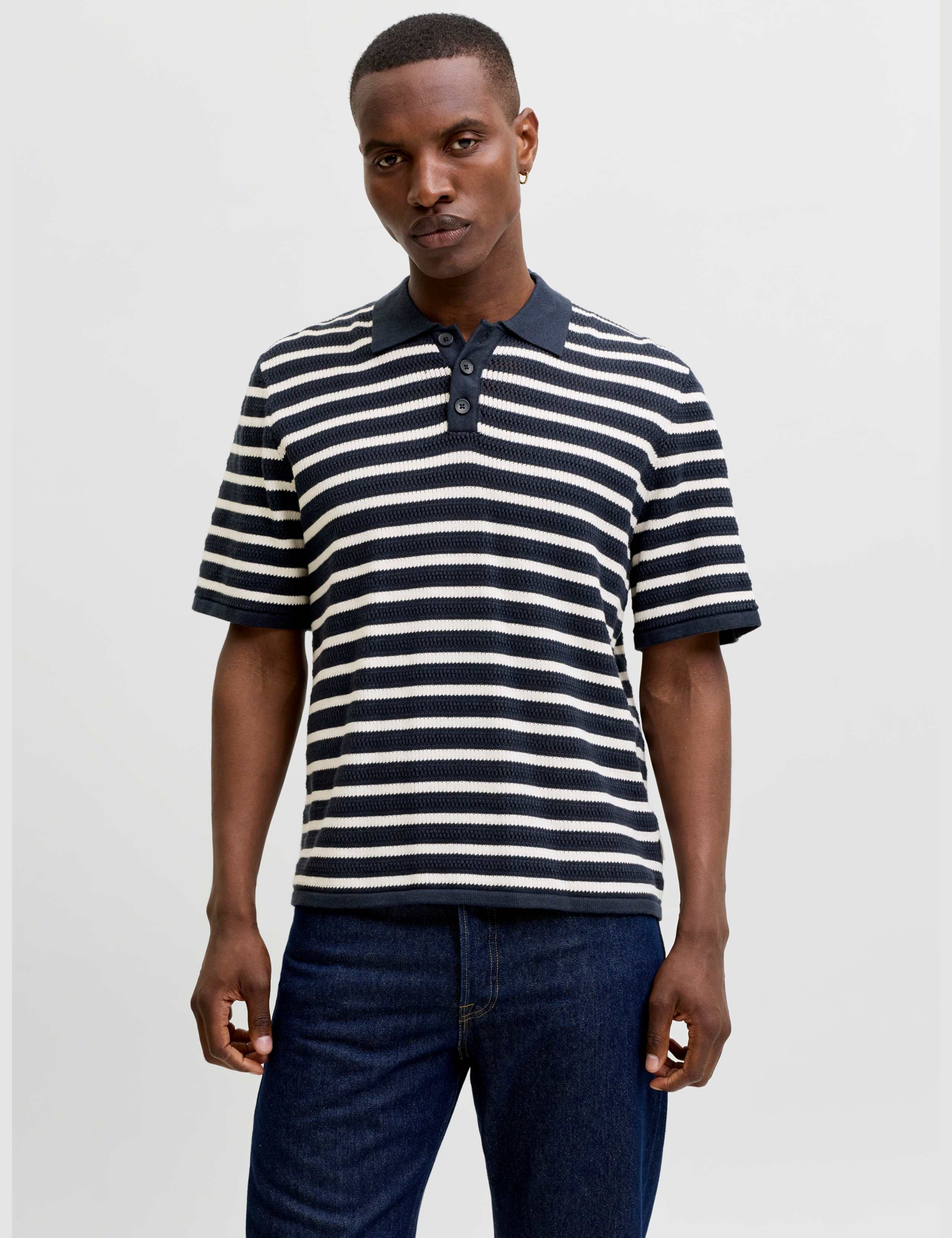 Pure Cotton Striped Knitted Polo Shirt