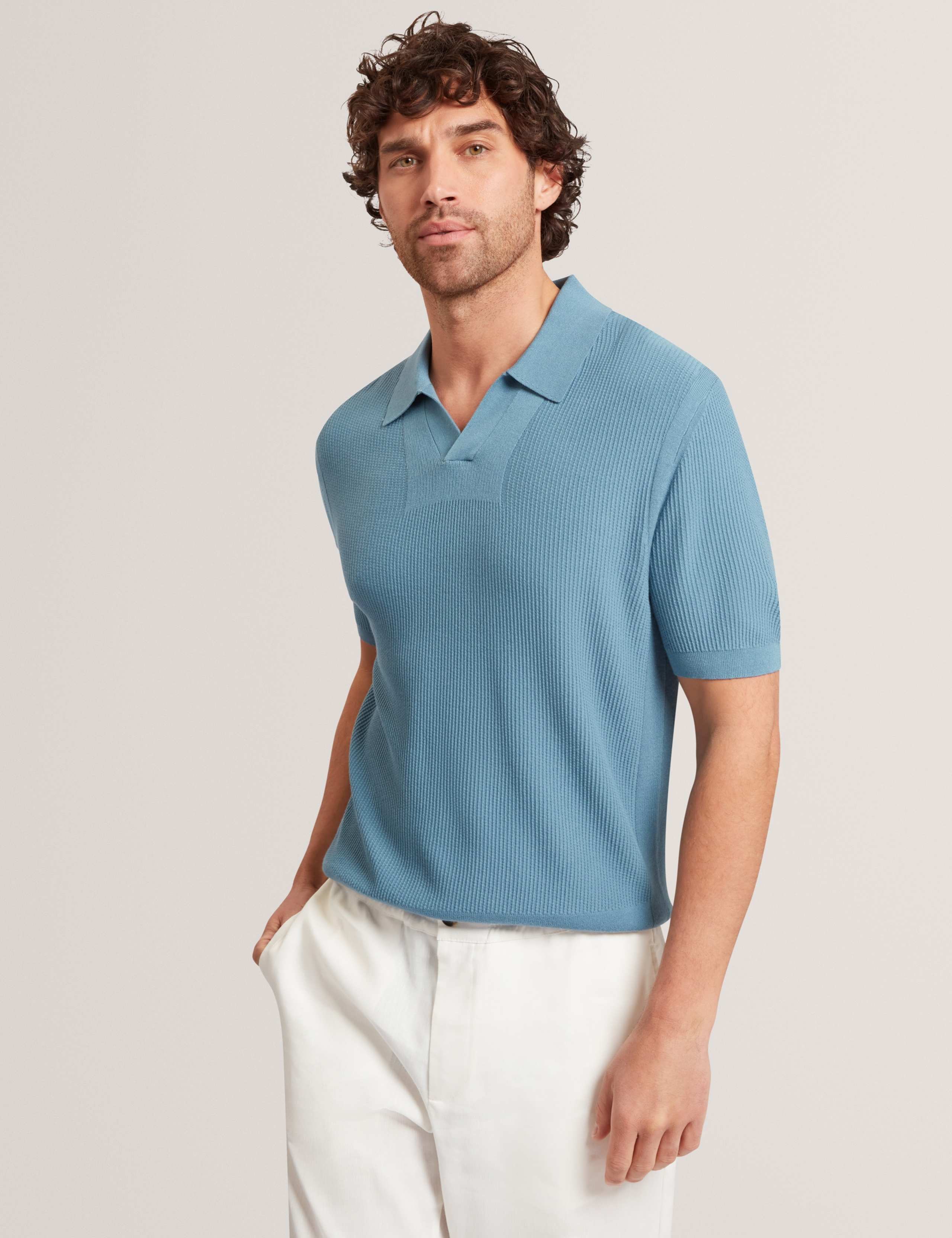 Textured Open Neck Knitted Polo Shirt