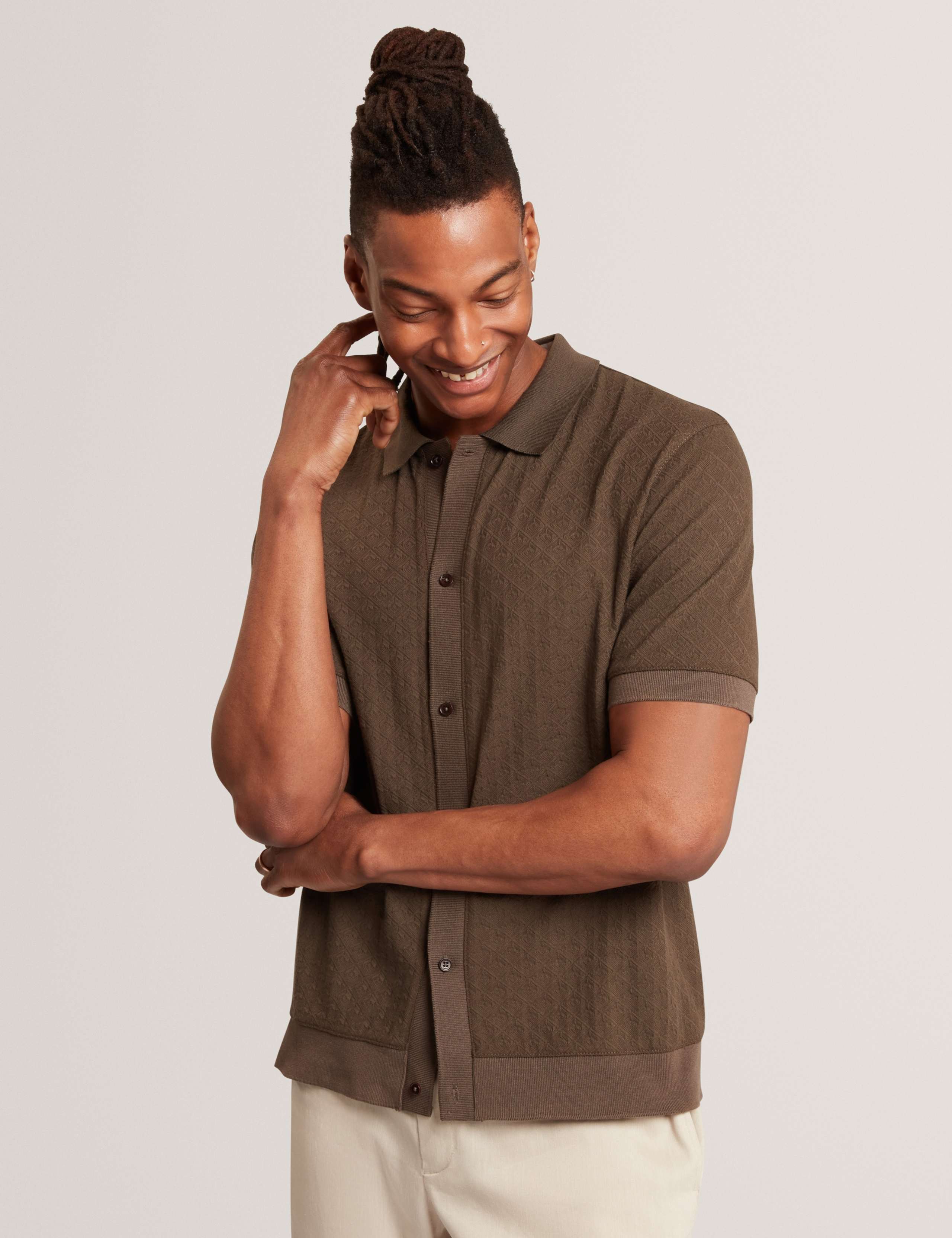 Textured Button Through Knitted Polo Shirt