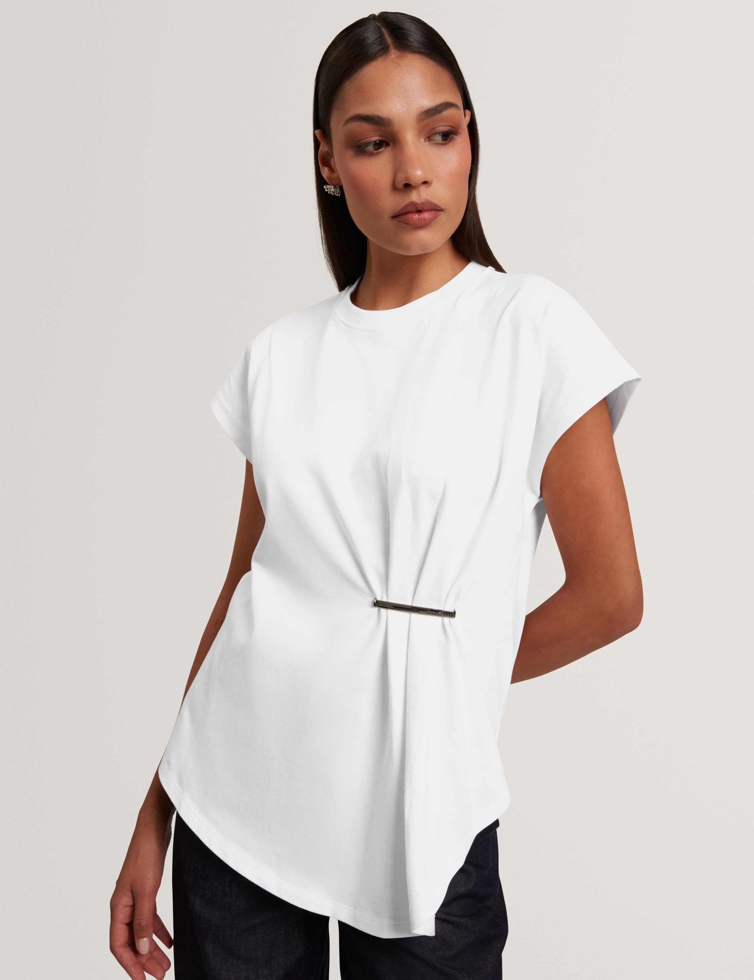 Pure Cotton Crew Neck Gathered T-Shirt