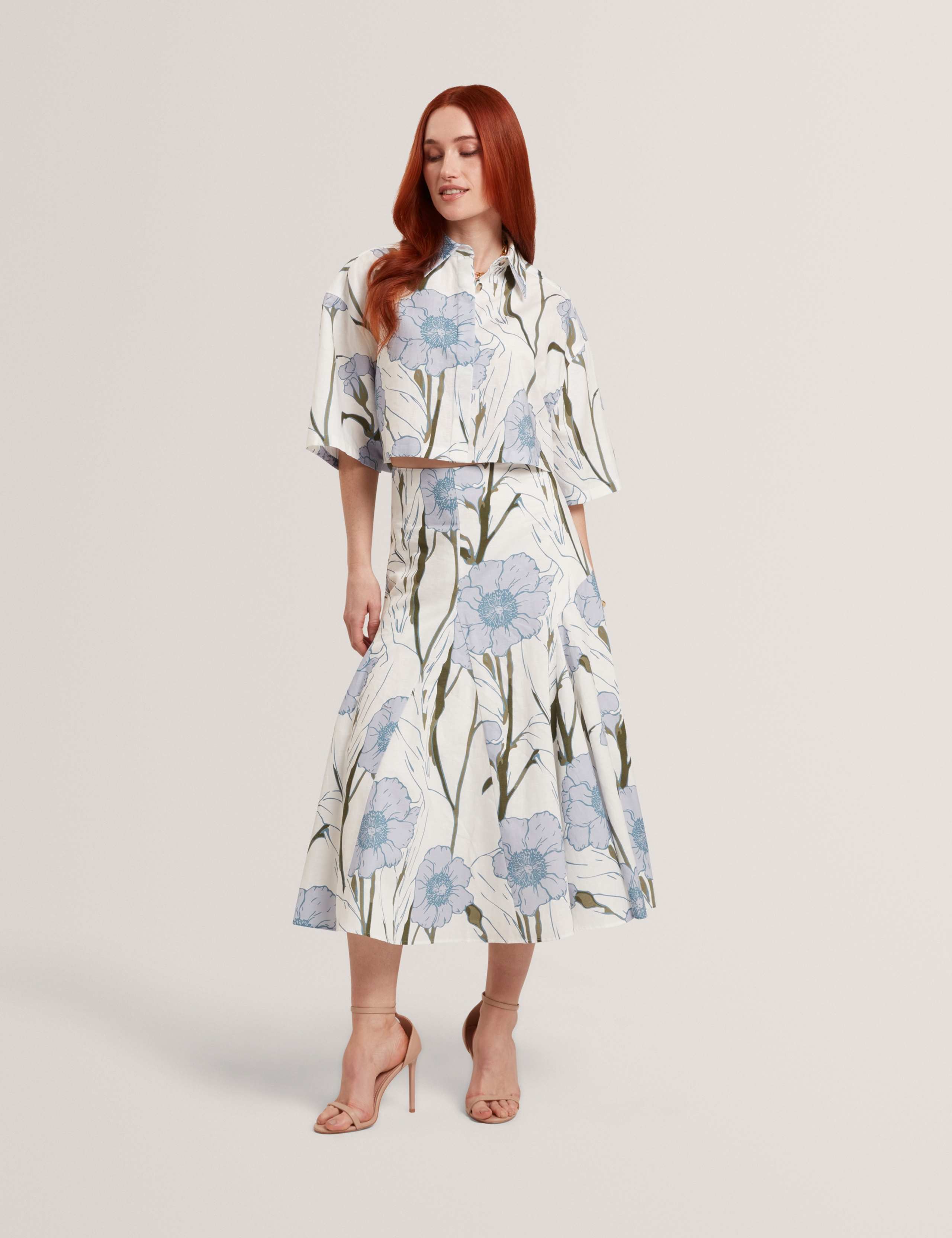 Linen Rich Floral Midi A-Line Skirt