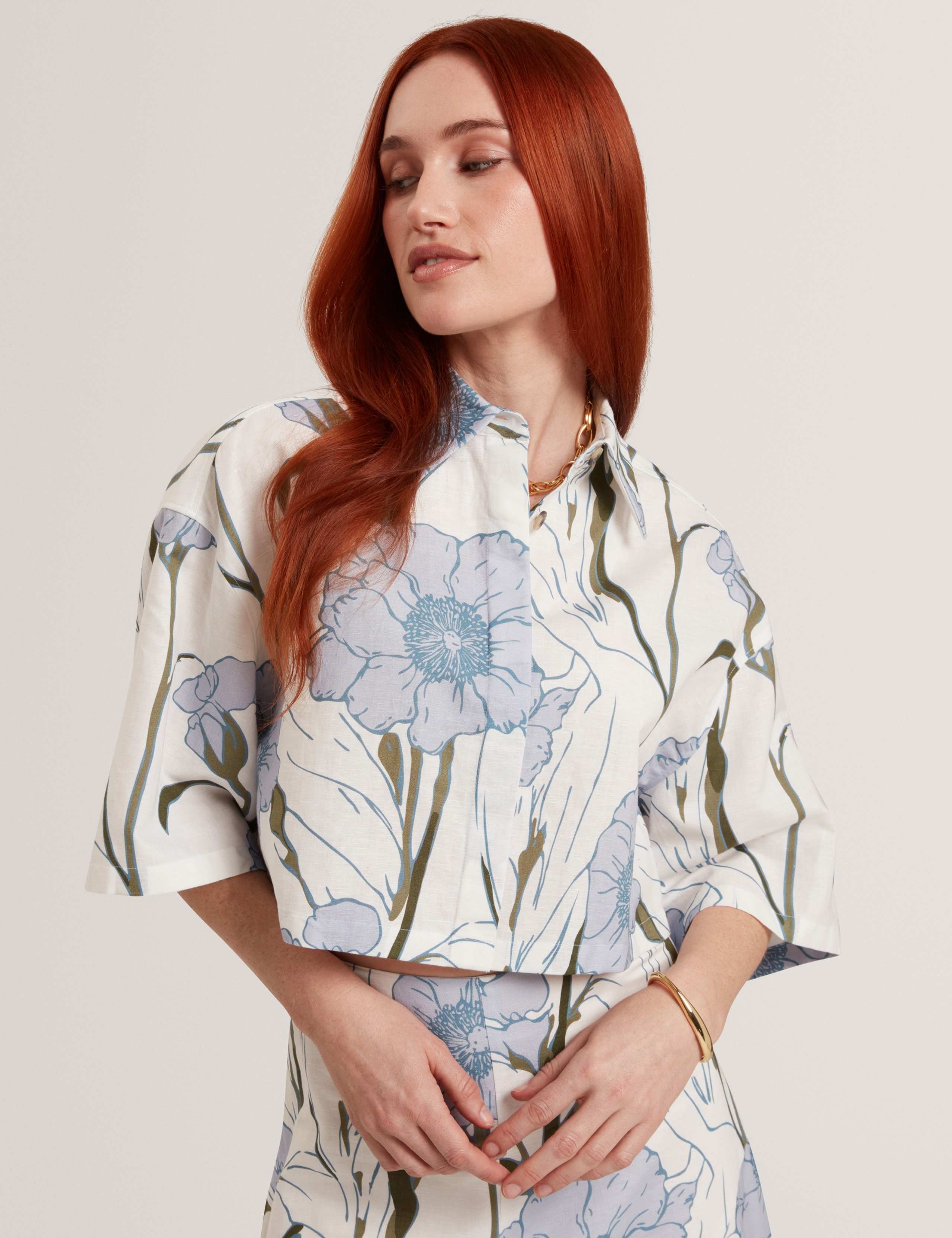 Linen Rich Floral Crop Boxy Top