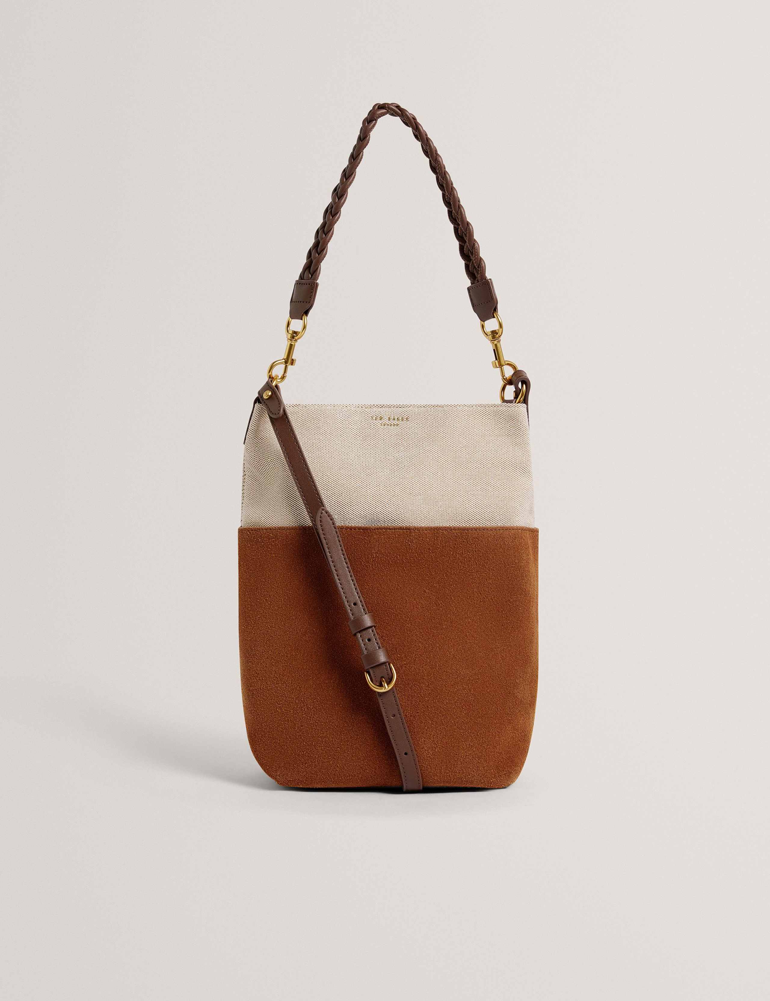 Suede Colour Block Braided Handle Bucket Bag