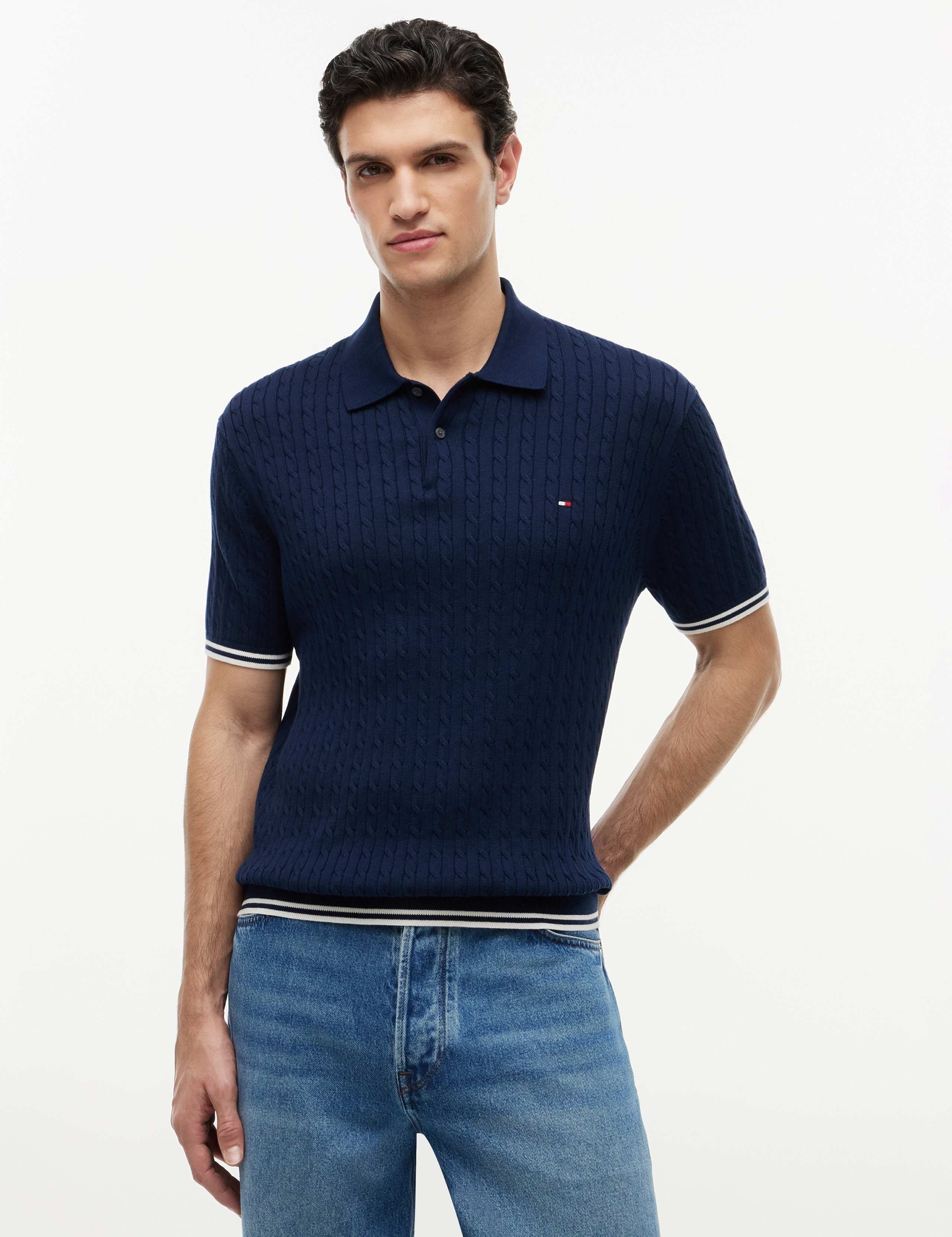Pure Cotton Cable Knit Polo Shirt