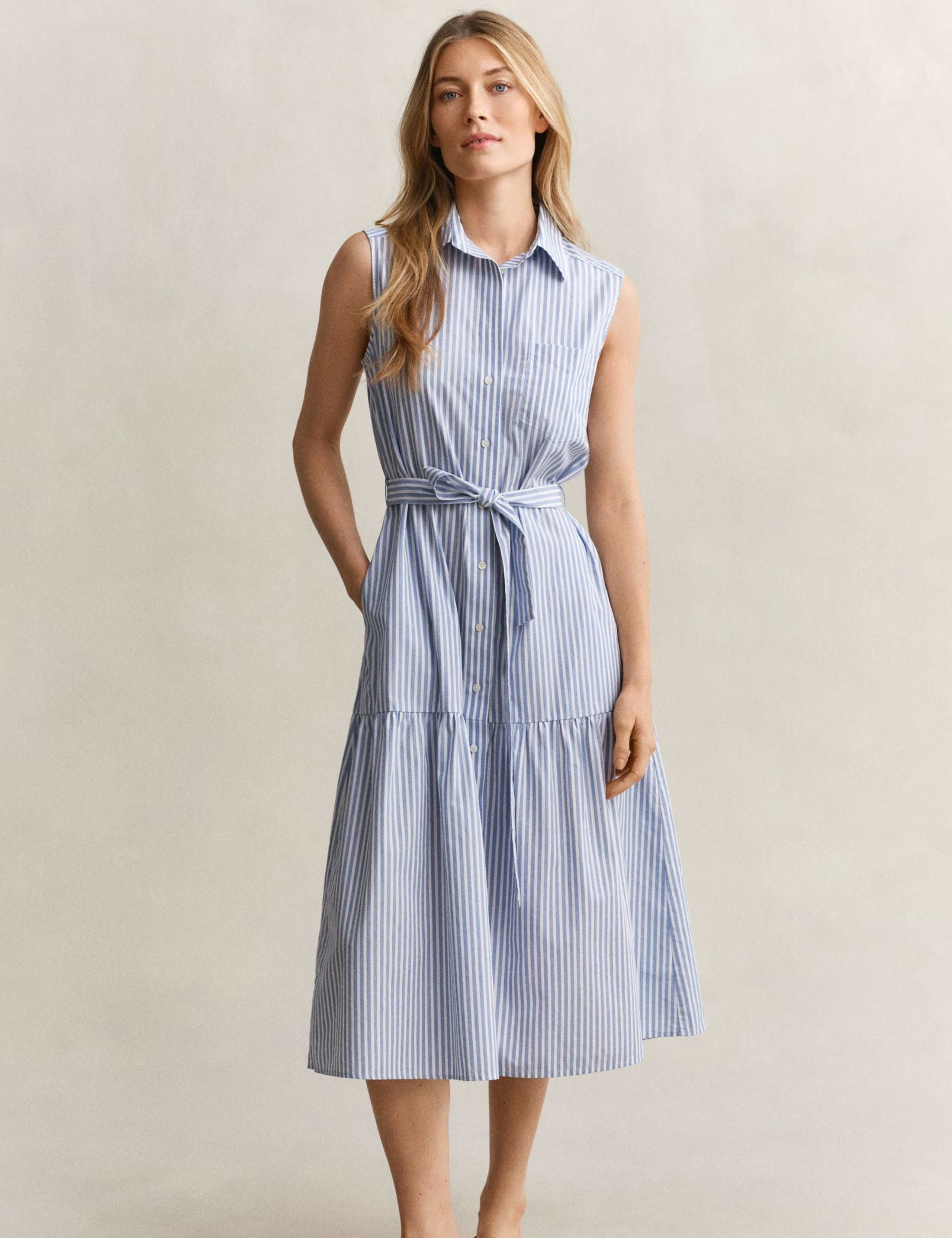Pure Cotton Striped Sleeveless Midi Shirt Dress