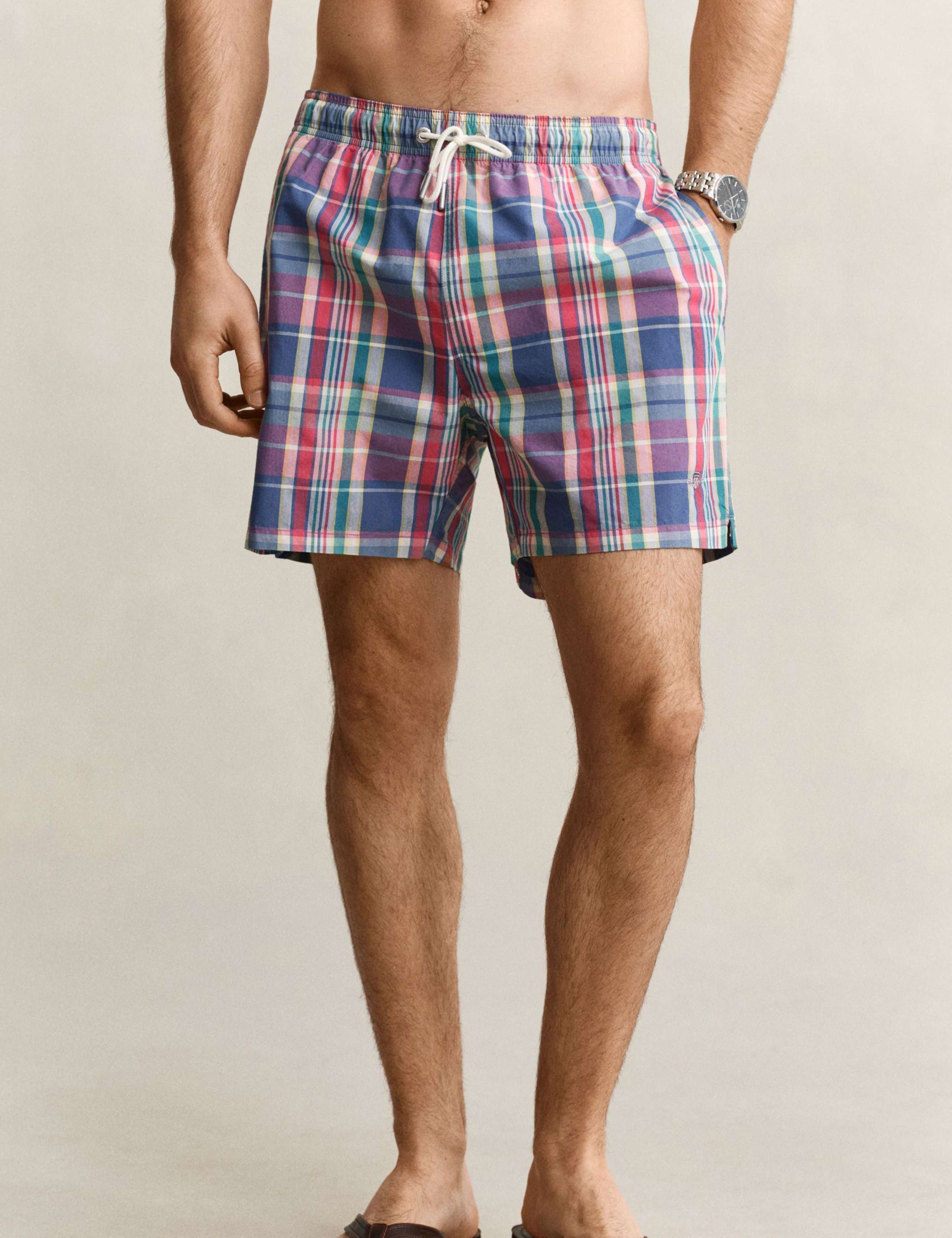 Cotton Blend Check Swim Shorts