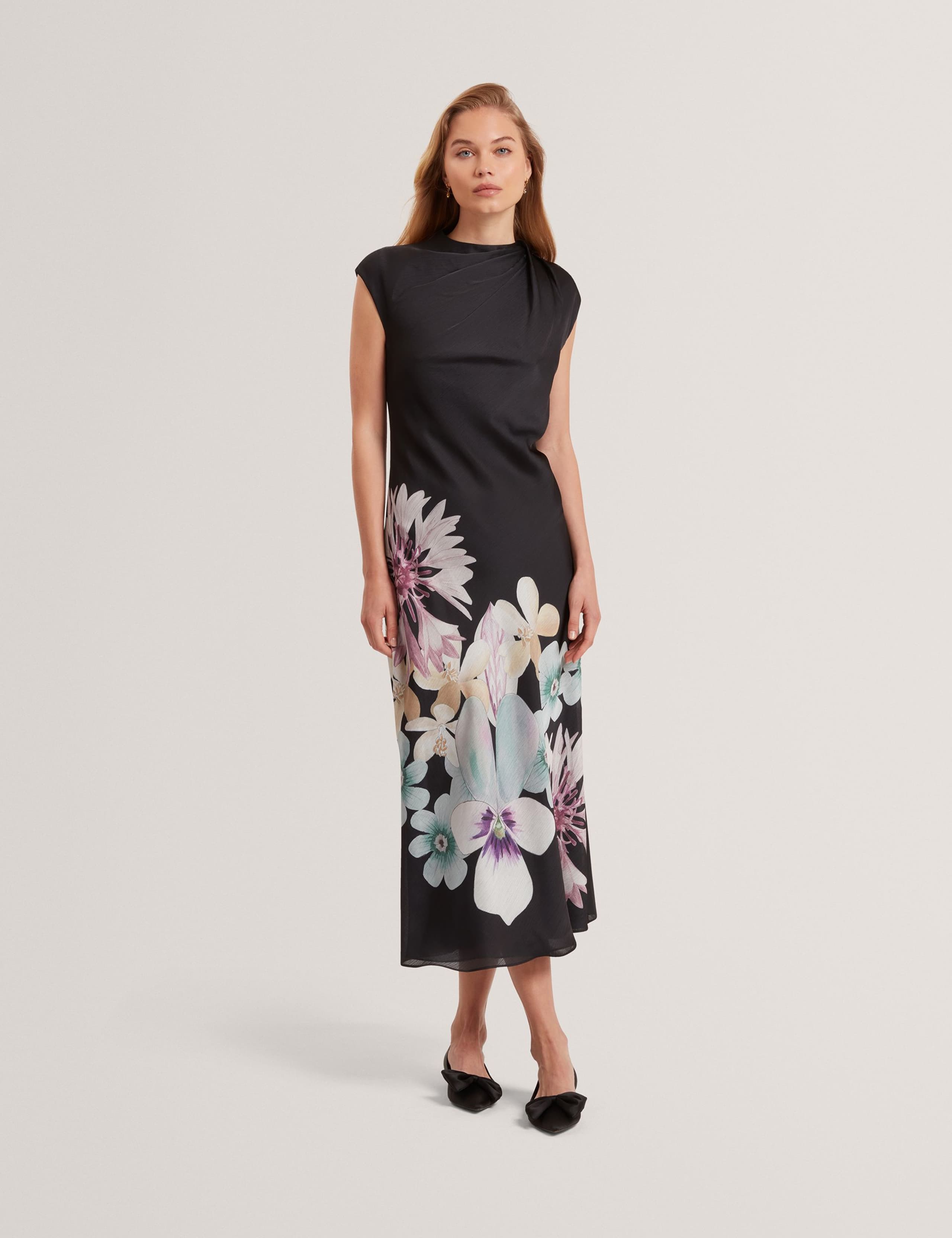 Floral Draped Neck Midi Bodycon Dress