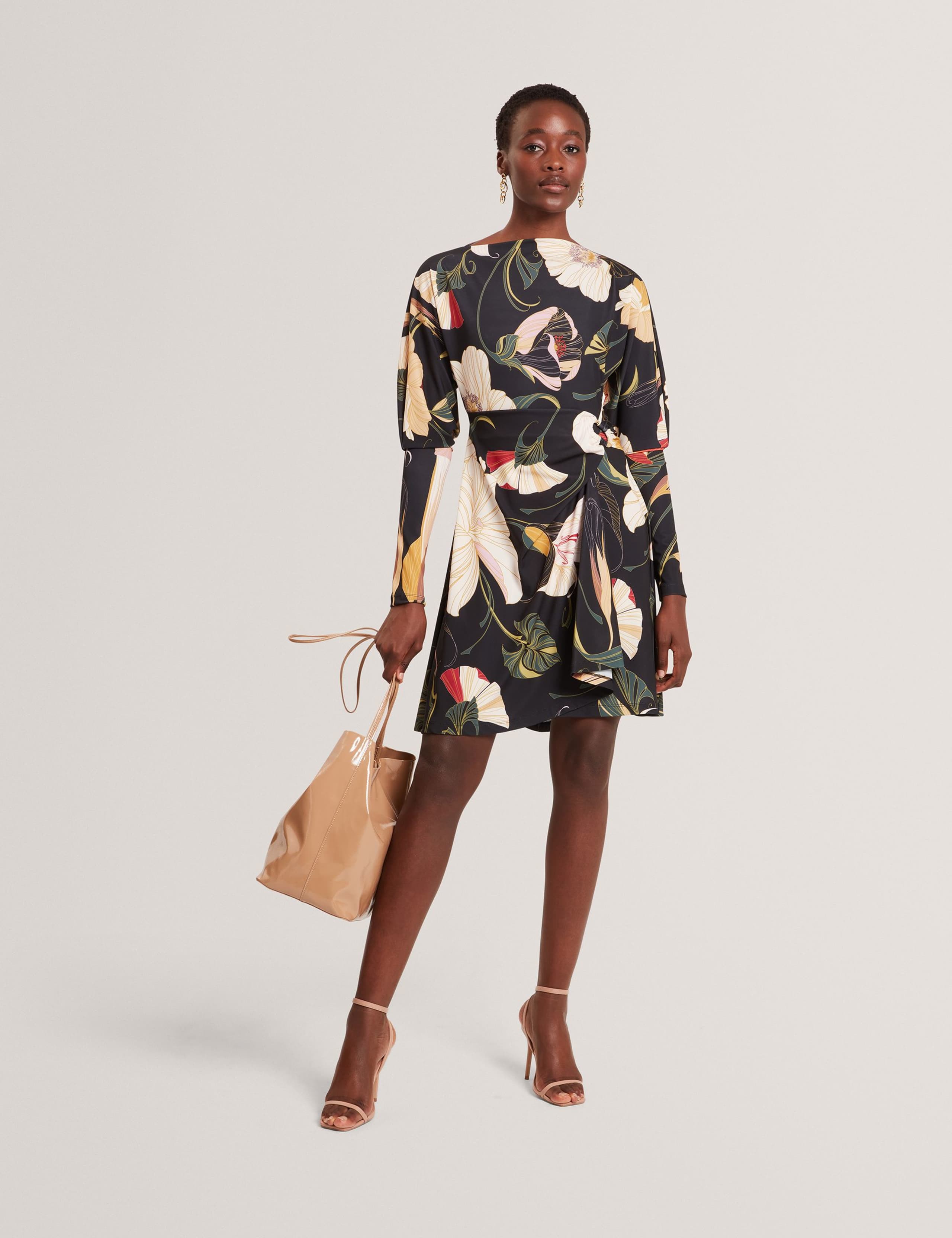 Floral Slash Neck Mini Wrap Dress