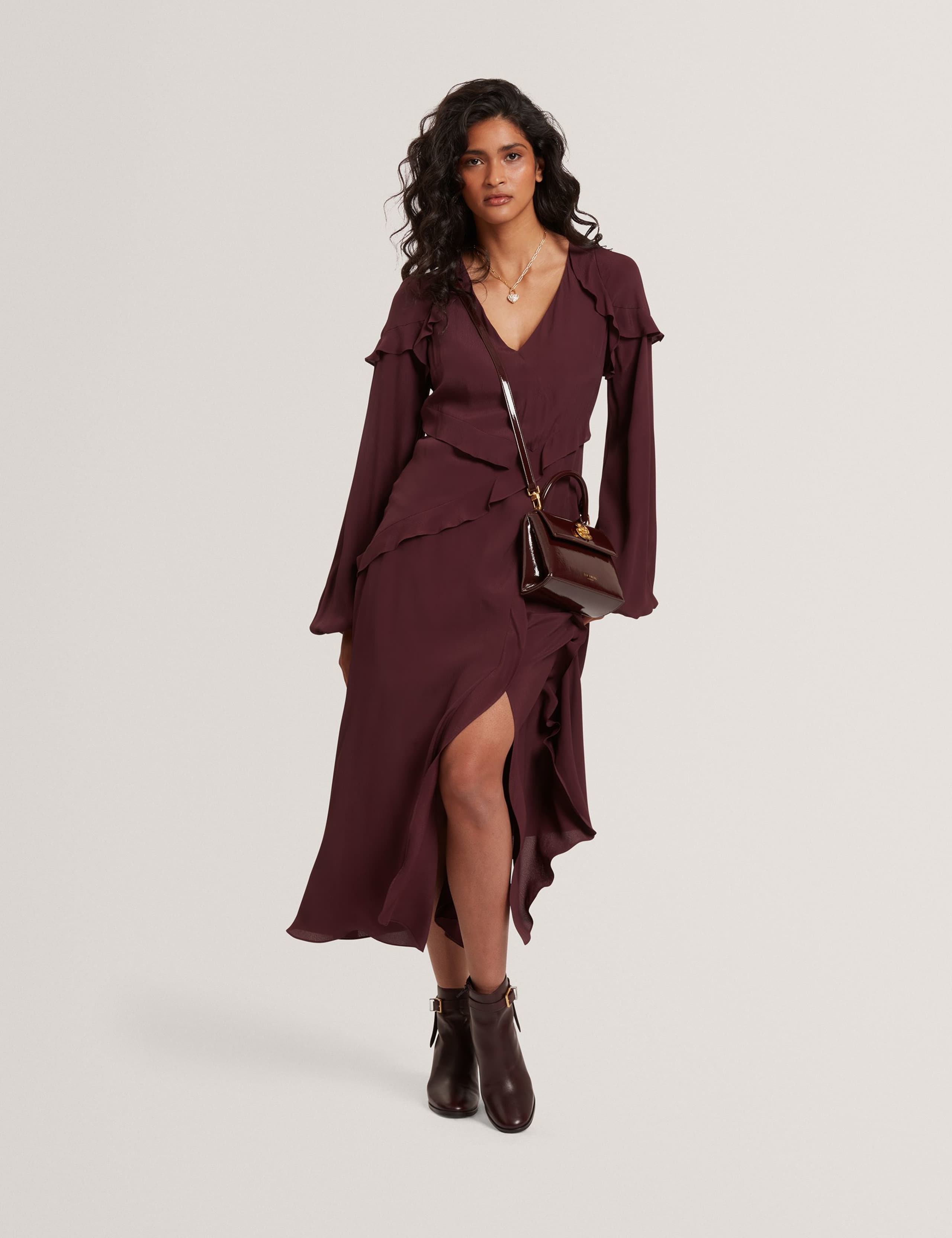 V-Neck Frill Detail Midi Tiered Dress