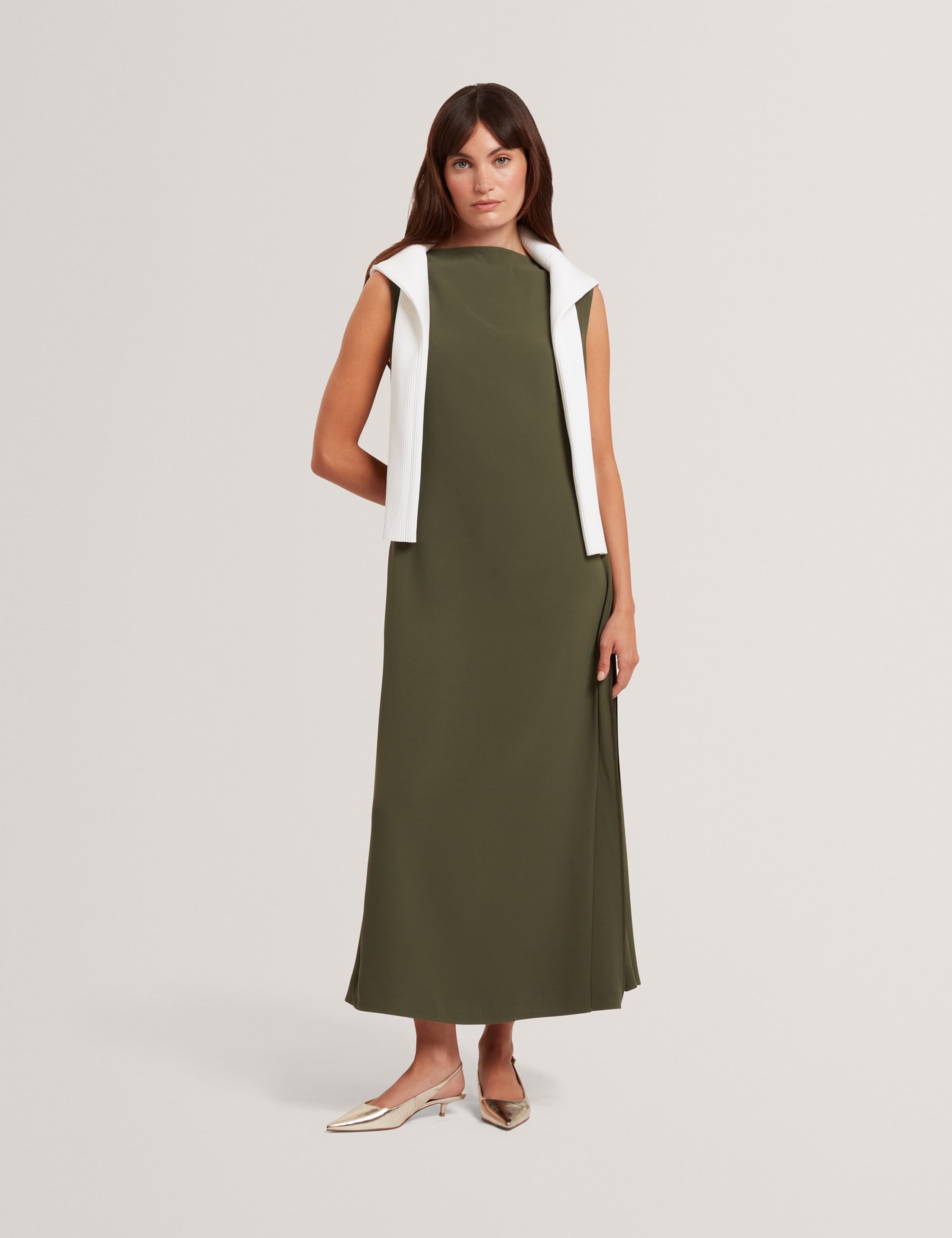 Slash Neck Pleat Detail Midaxi Shift Dress