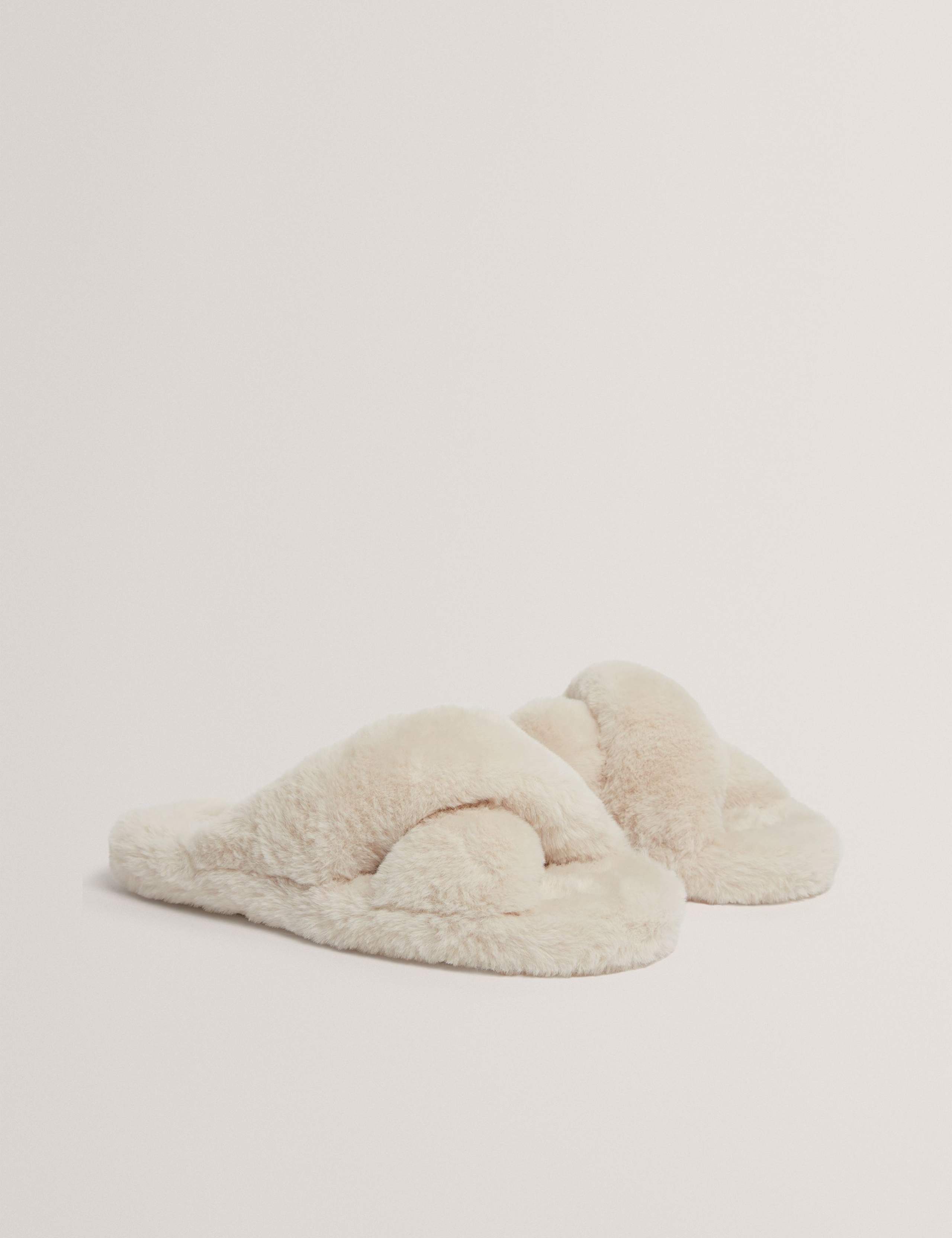 Faux Fur Crossover Open Toe Slippers