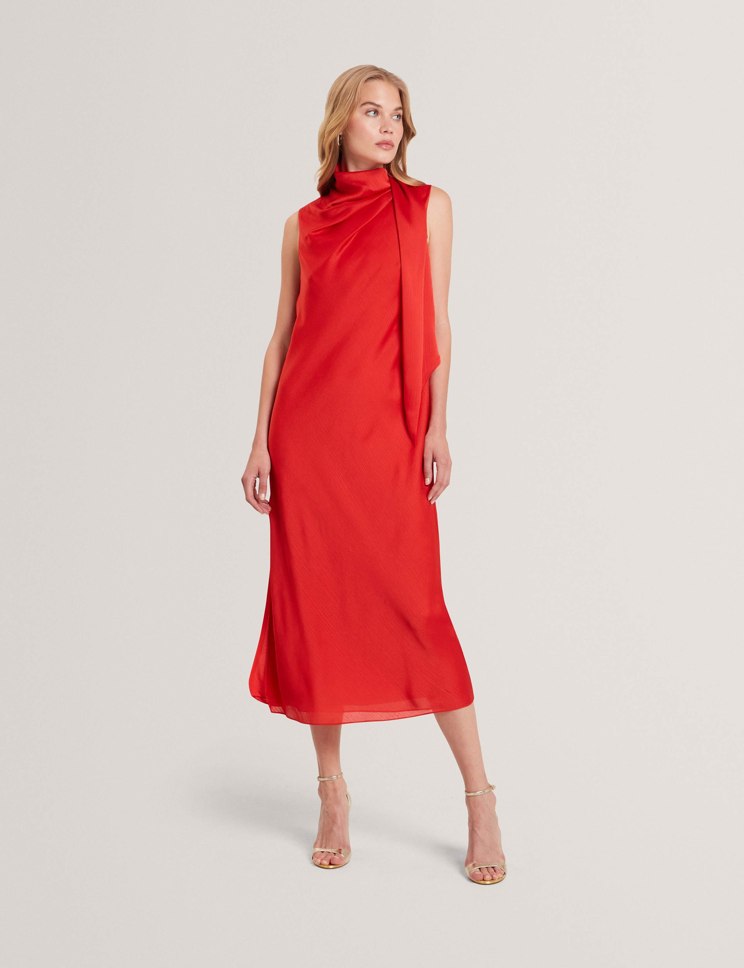Tie Neck Midi Shift Dress