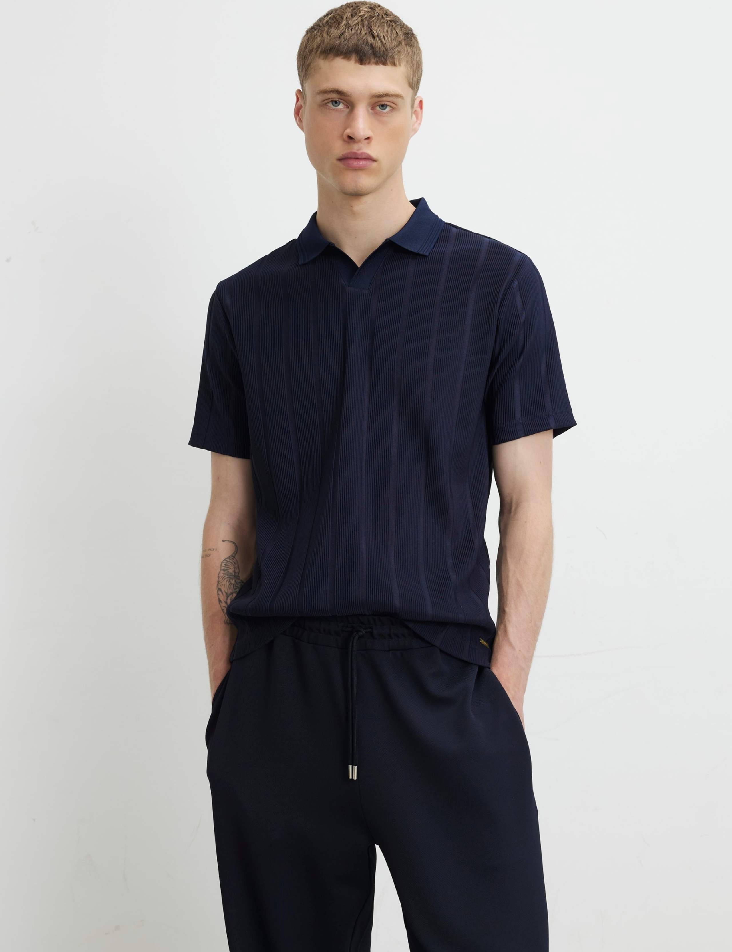 Textured Open Neck Knitted Polo Shirt
