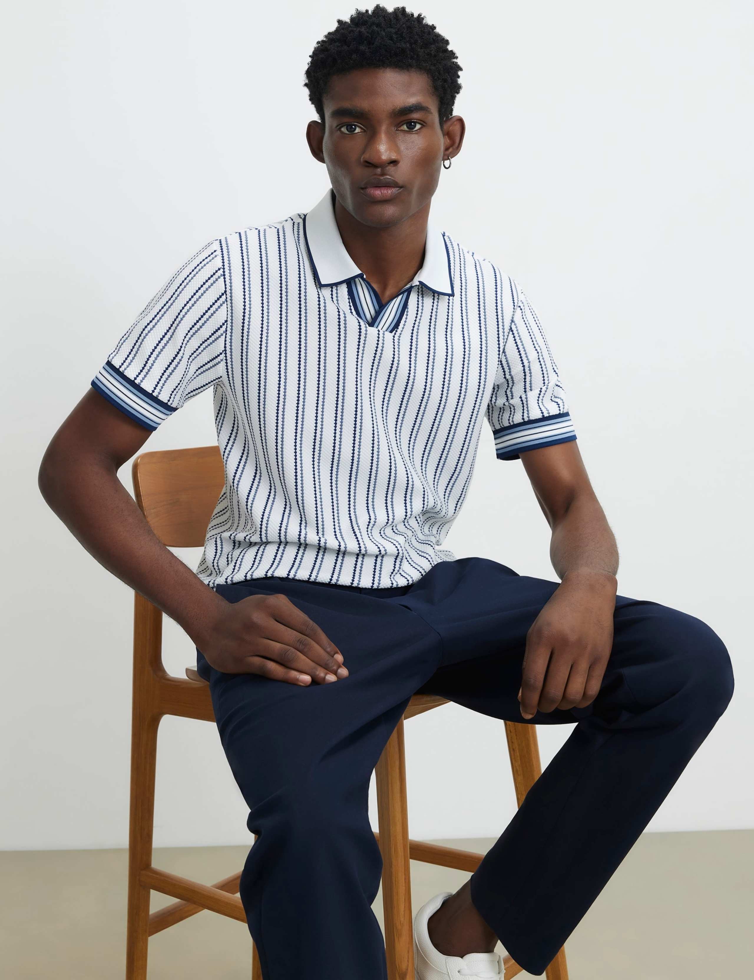 Striped Open Neck Knitted Polo Shirt