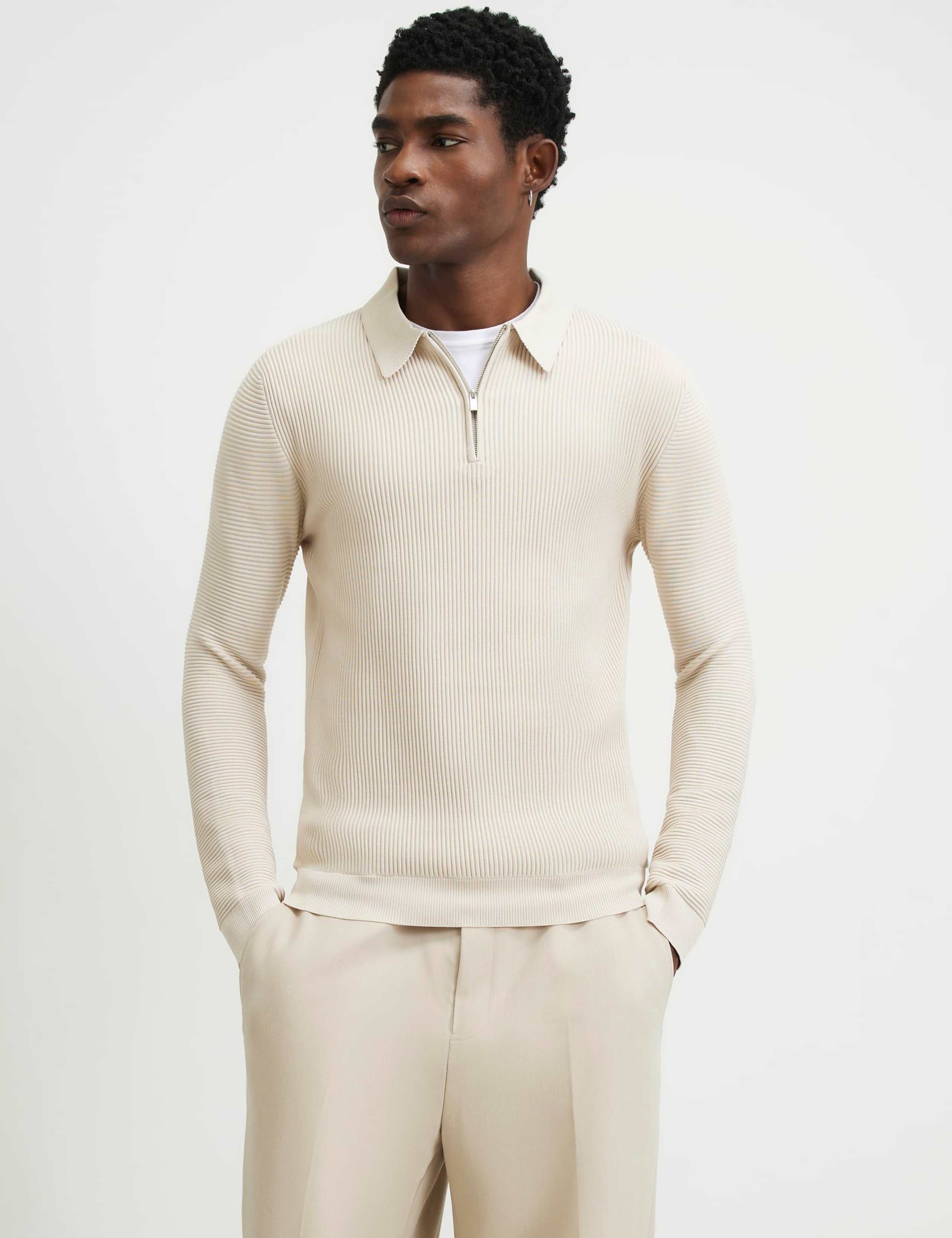 Ribbed Half Zip Knitted Polo Shirt