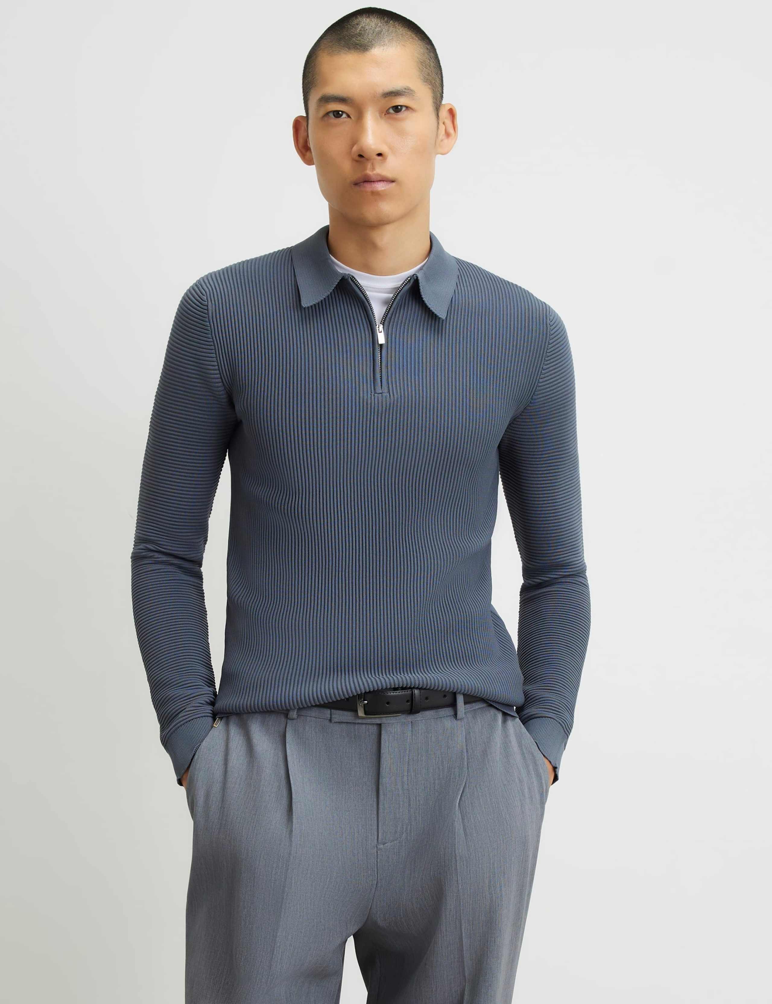 Ribbed Half Zip Knitted Polo Shirt