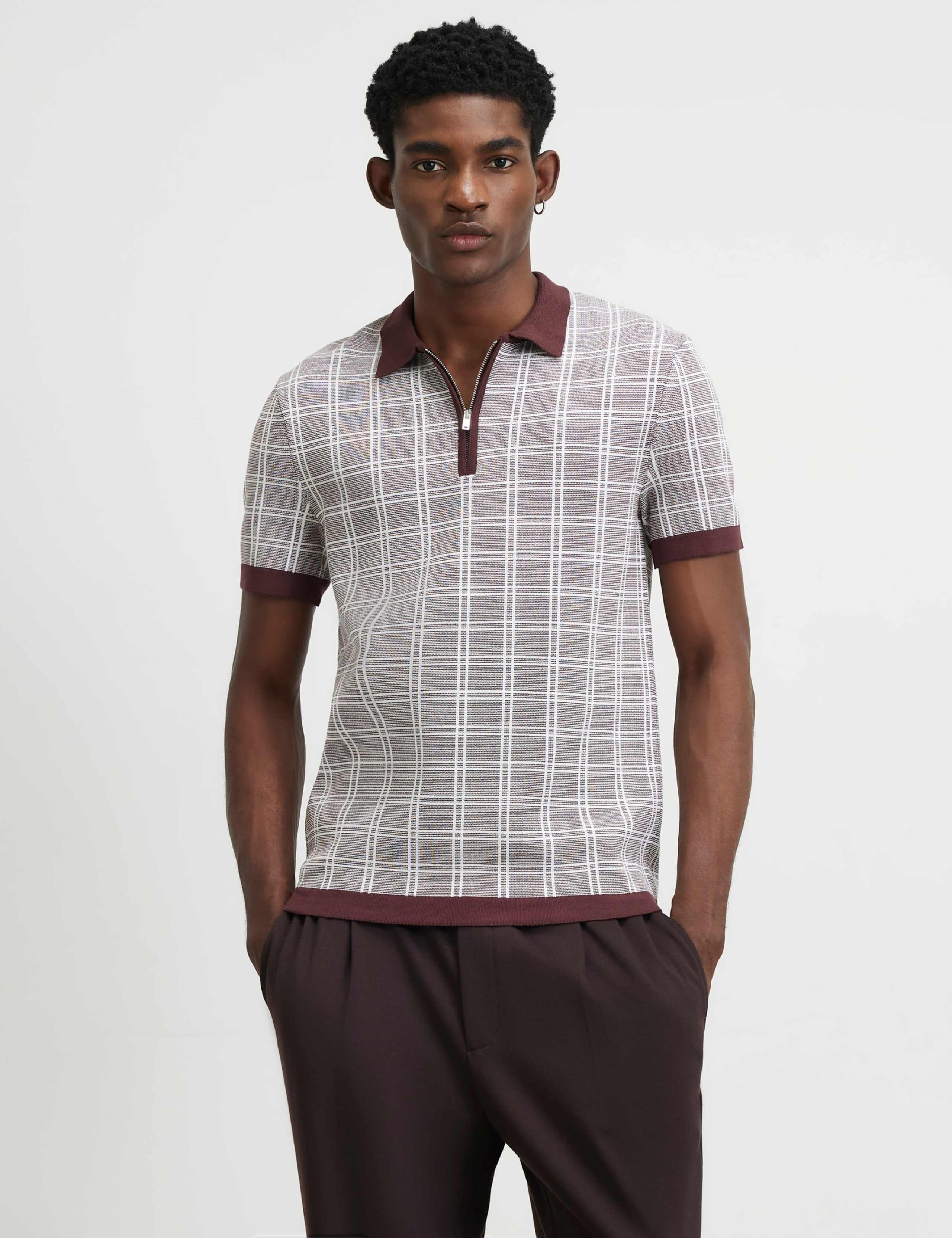 Checked Half Zip Knitted Polo Shirt