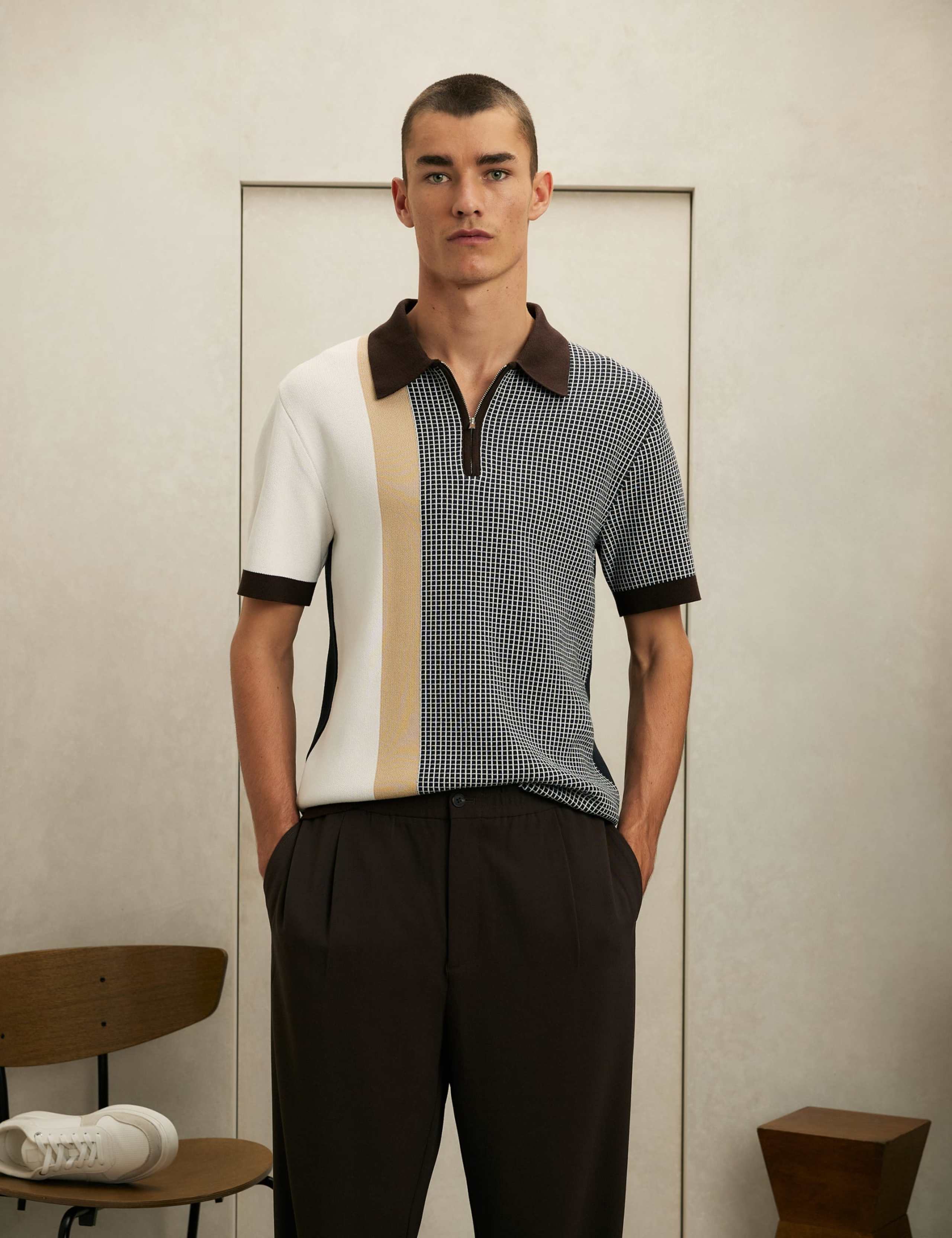 Pure Cotton Colour Block Knitted Polo Shirt