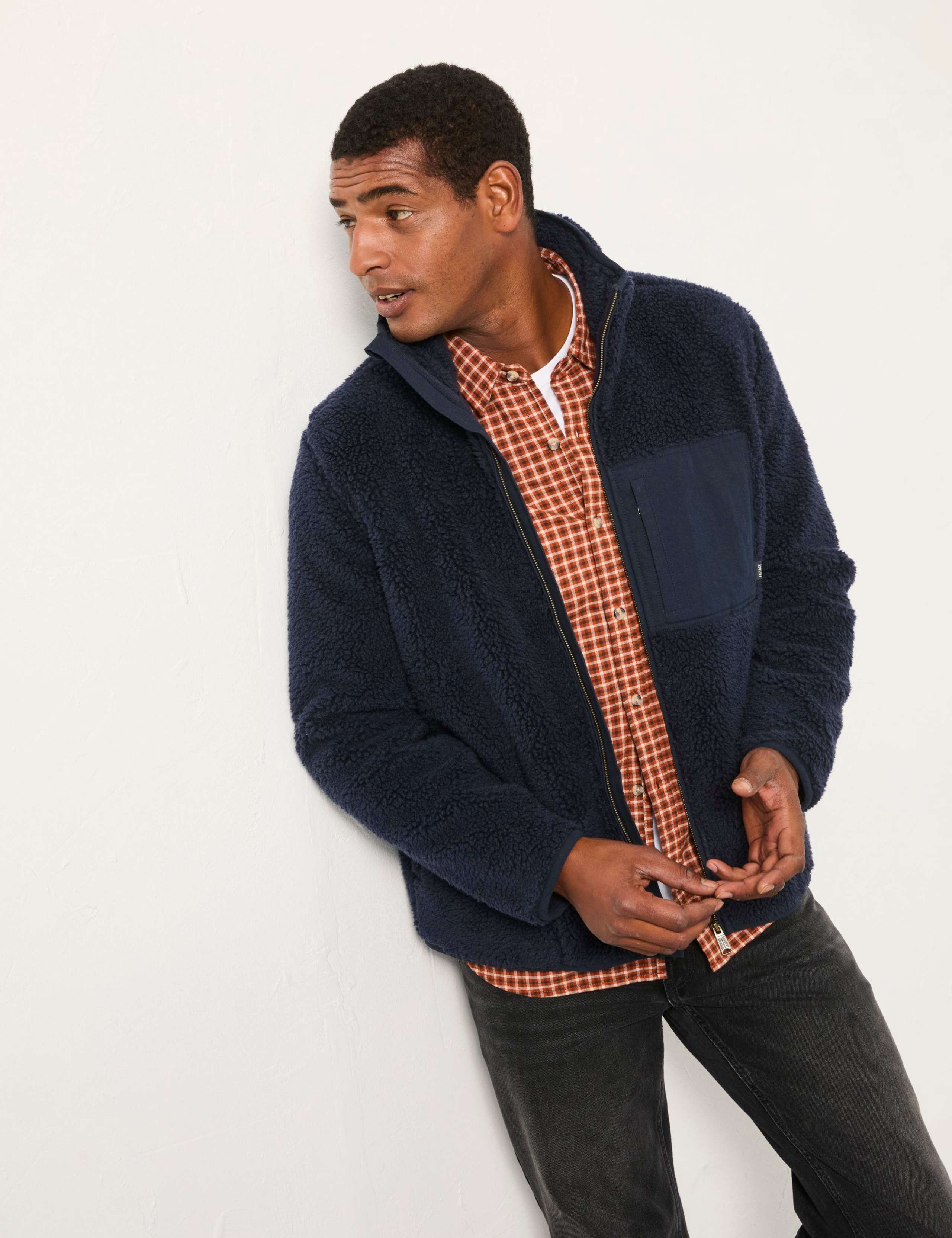 Checked Funnel Neck Zip Up Fleece