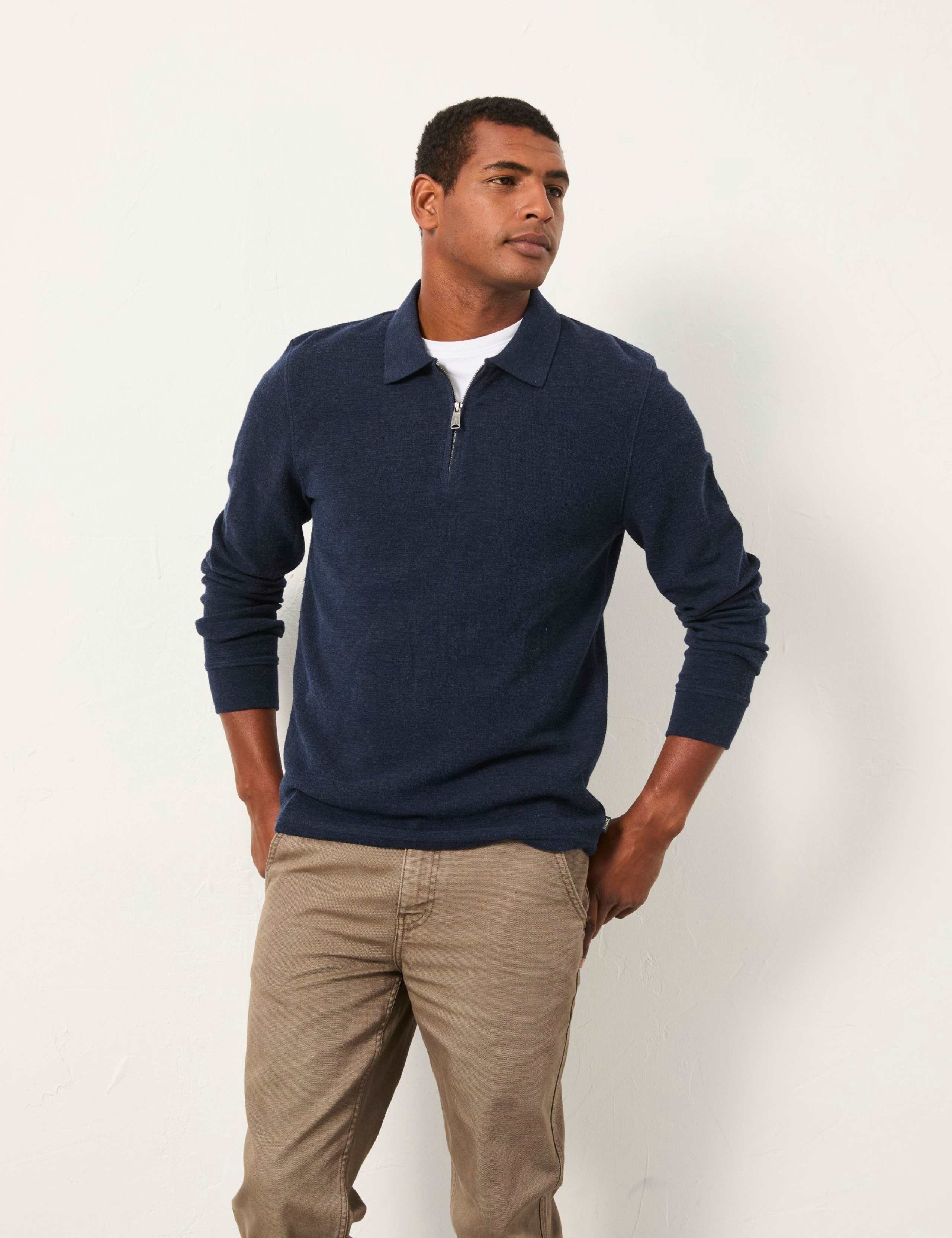 Cotton Rich Zip Up Long Sleeve Polo Shirt