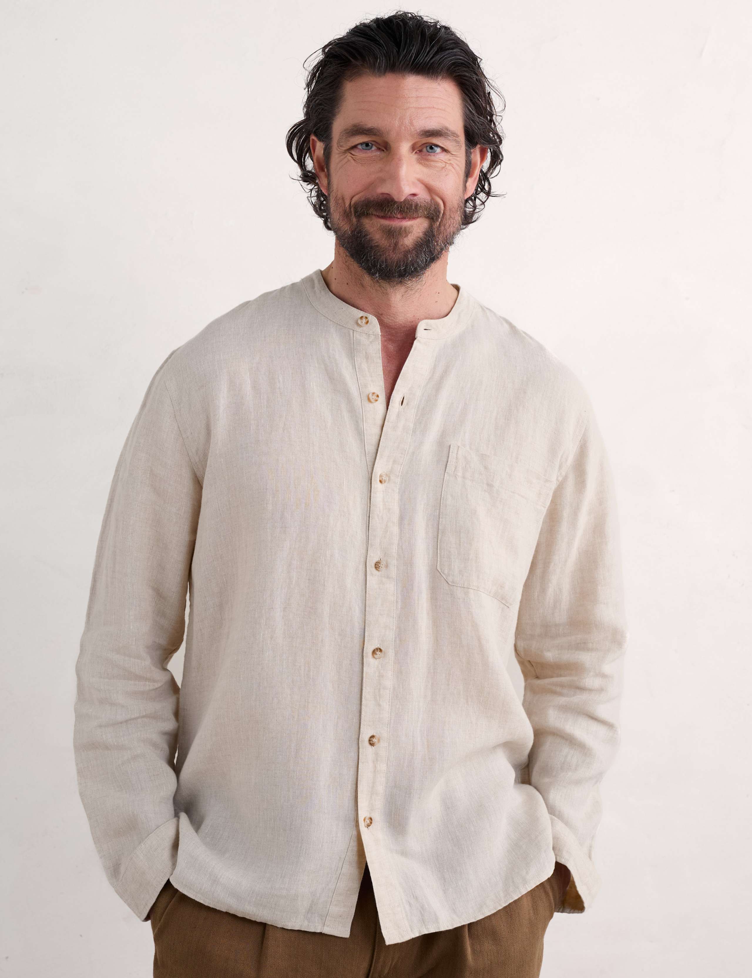 Pure Linen Grandad Collar Shirt