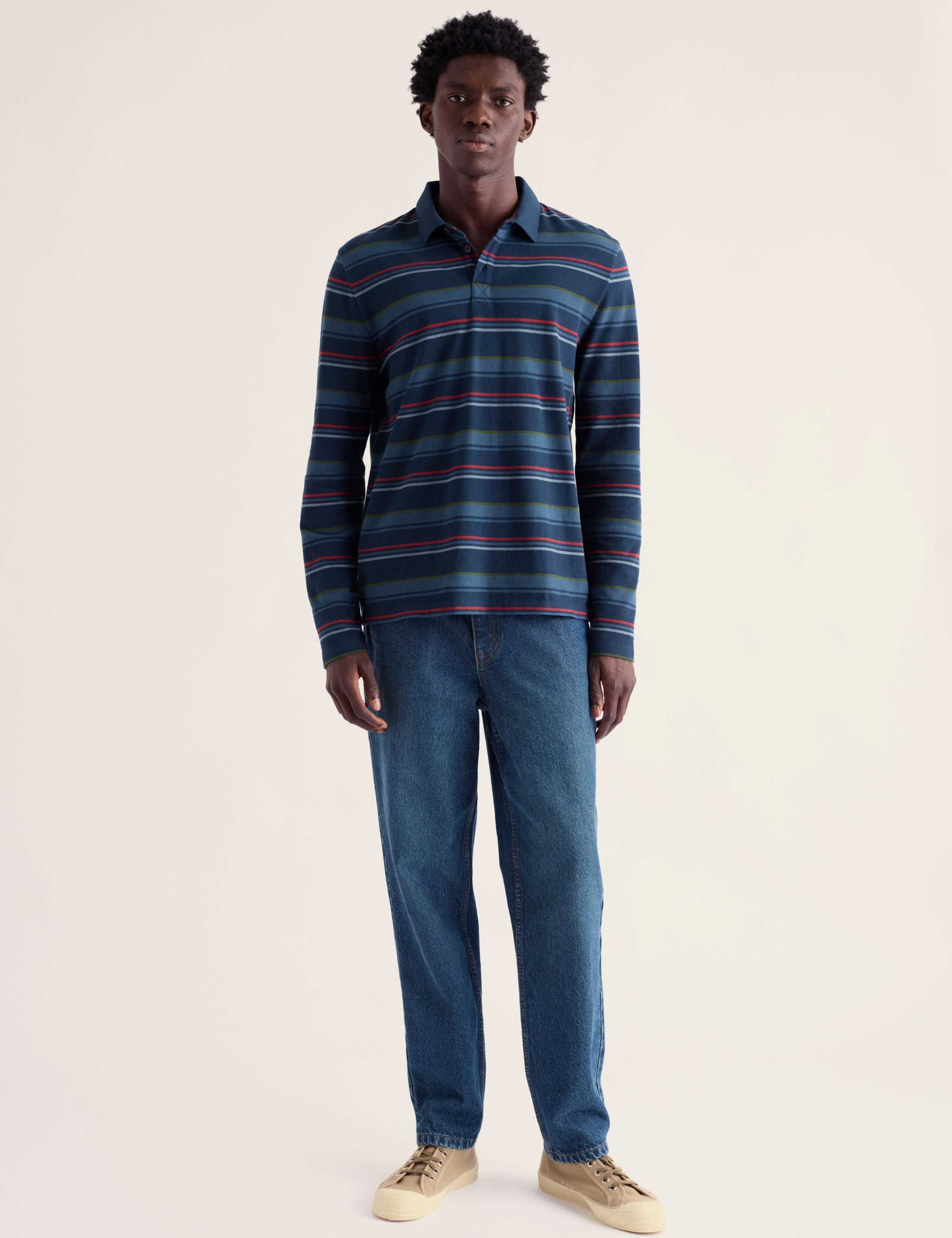 Pure Cotton Striped Long Sleeve Polo Shirt