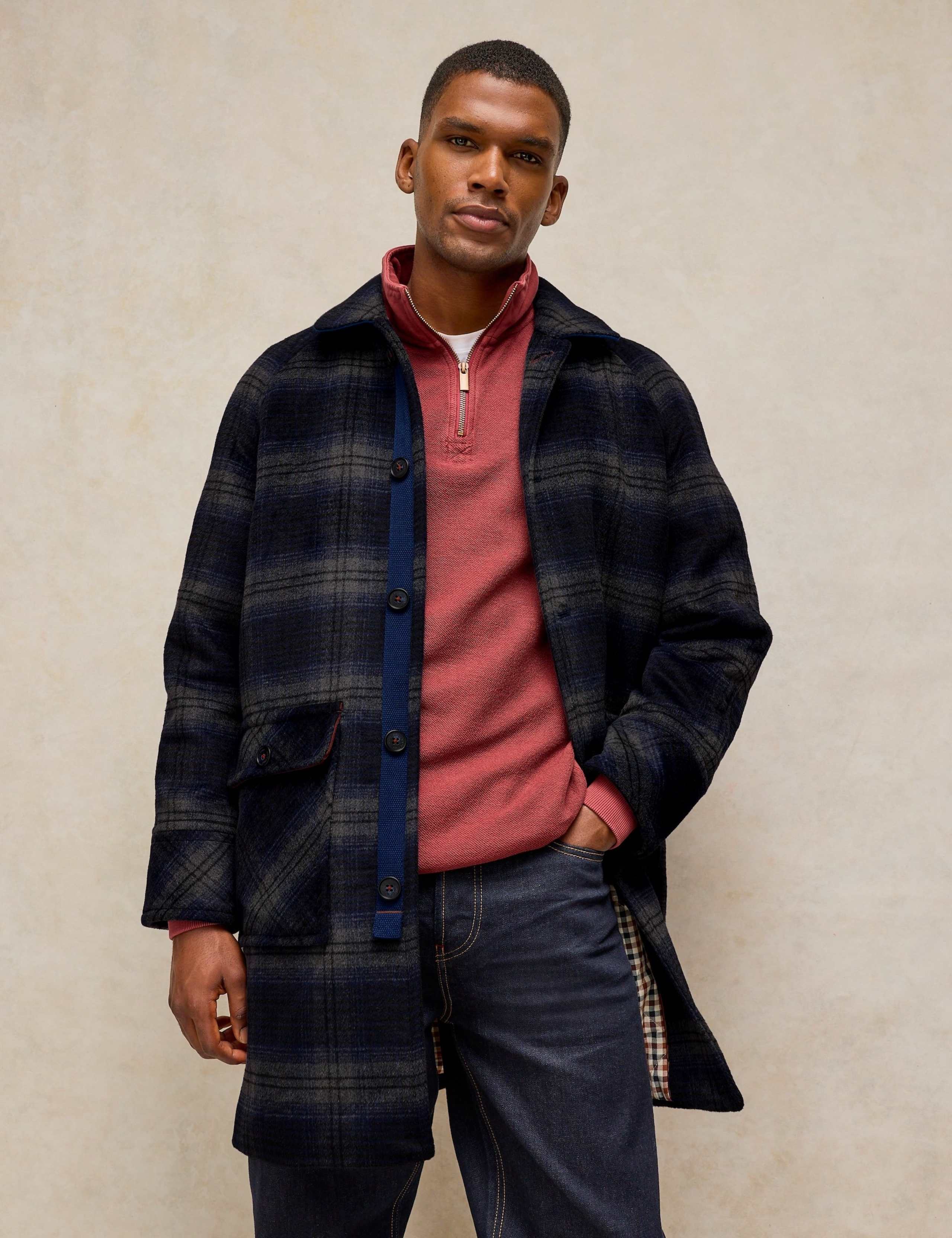 Check Utility Overcoat with Wool