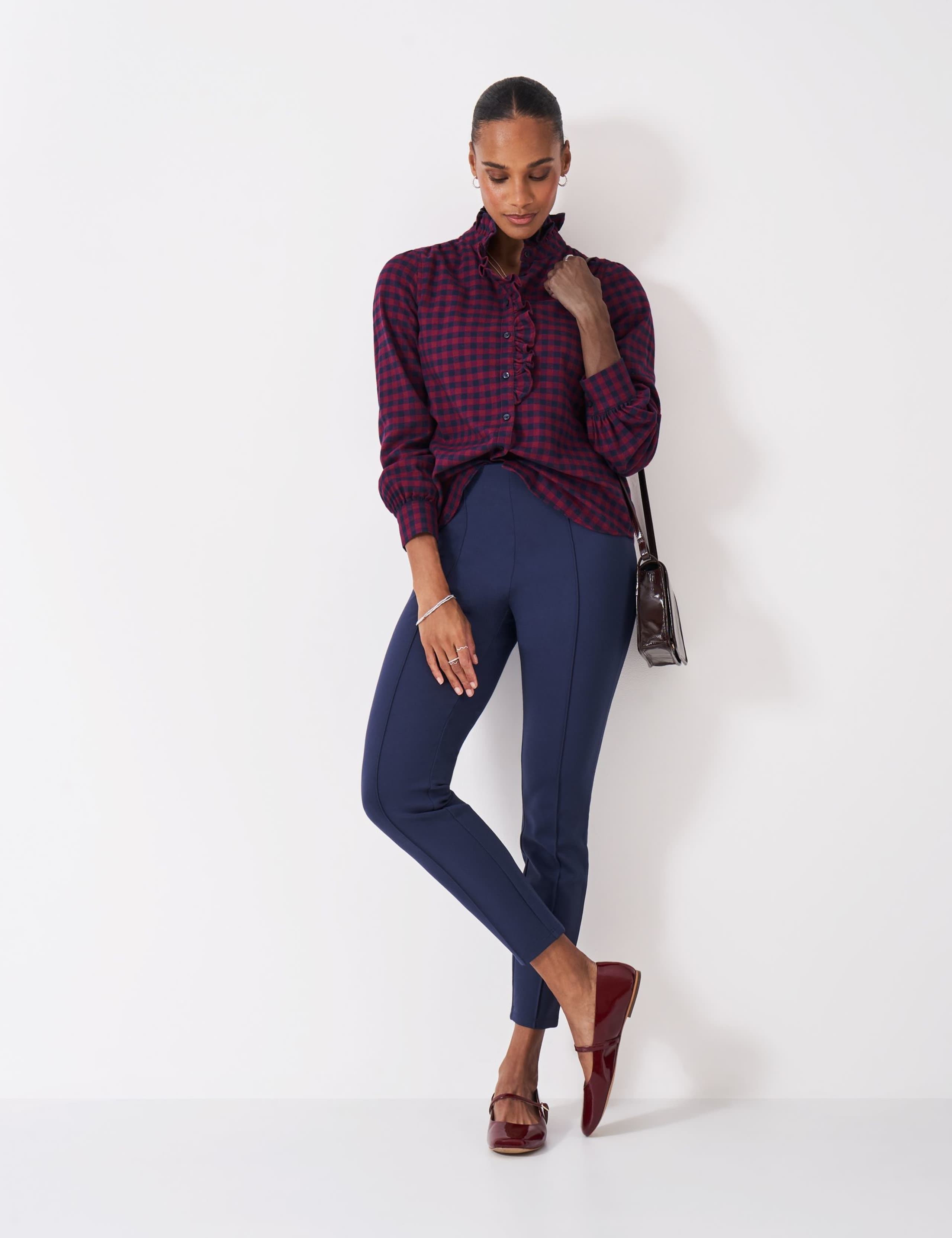 Pure Cotton Checked Frill Neck Blouse