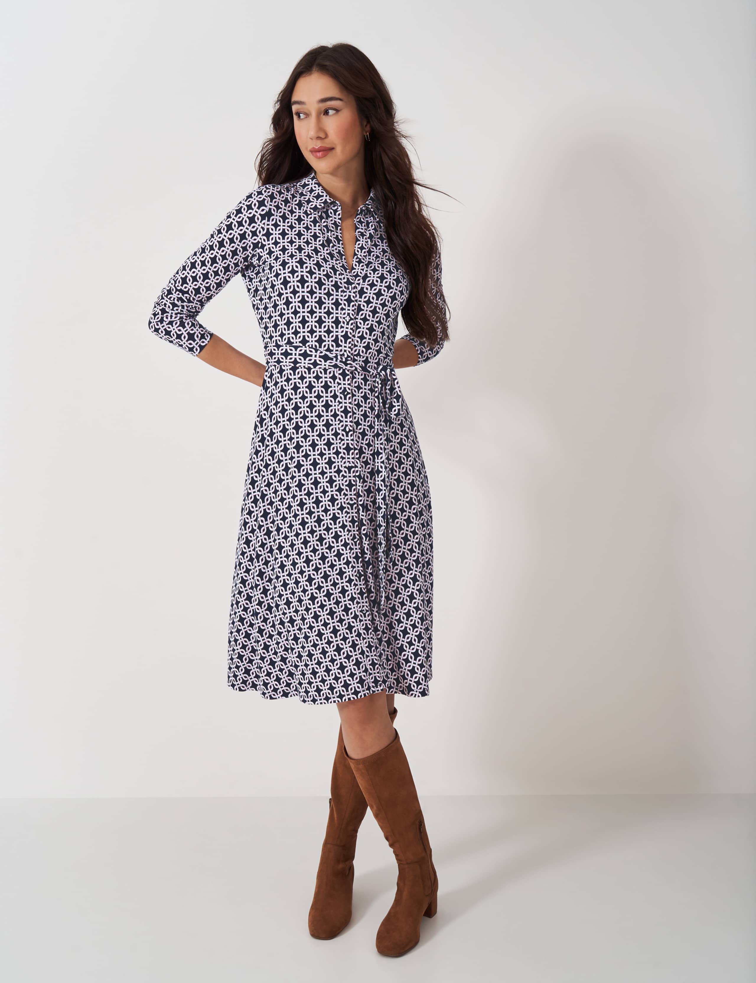 Jersey Geometric Tie Waist Shirt Dress