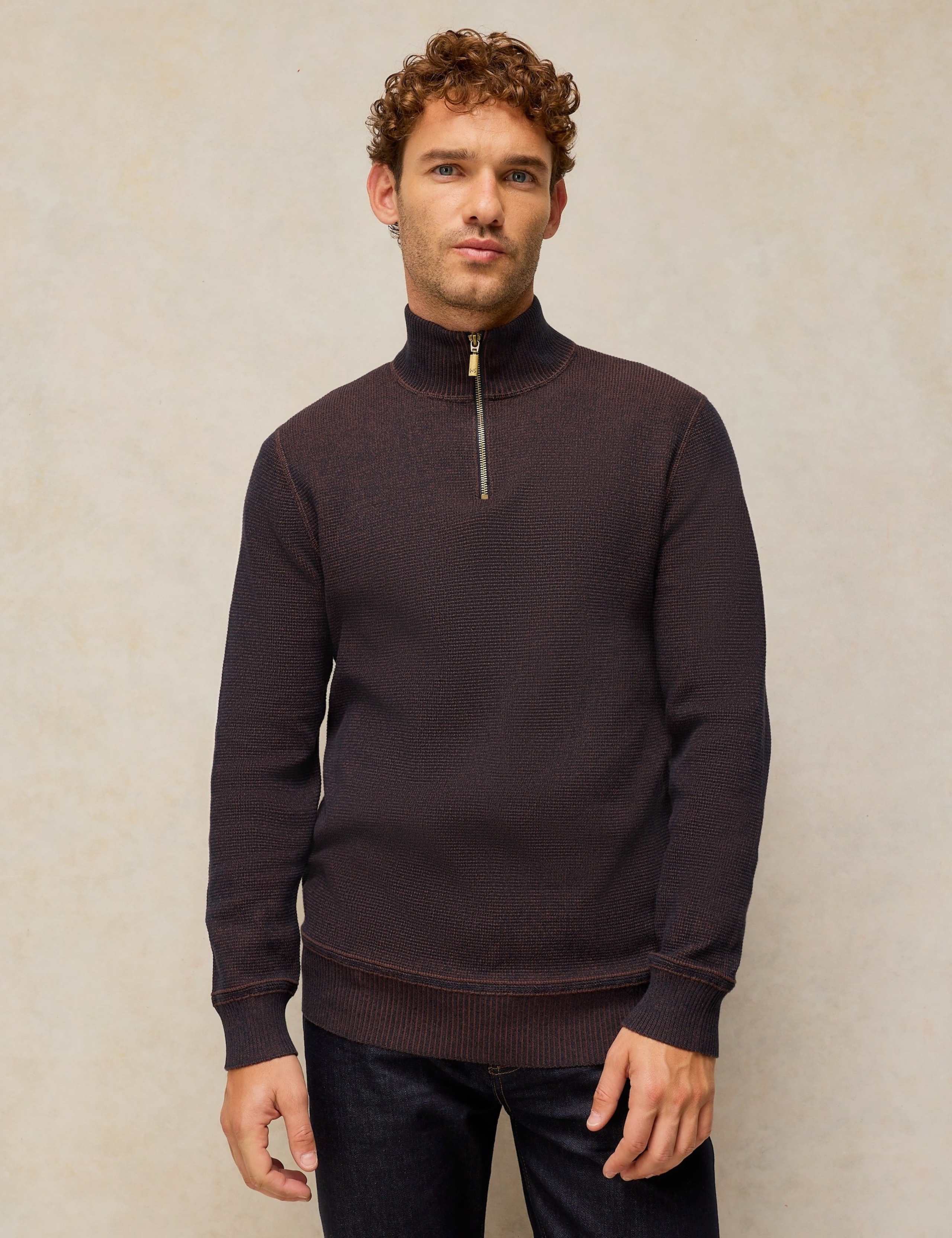 Pure Cotton Half Zip Funnel Neck Jumper