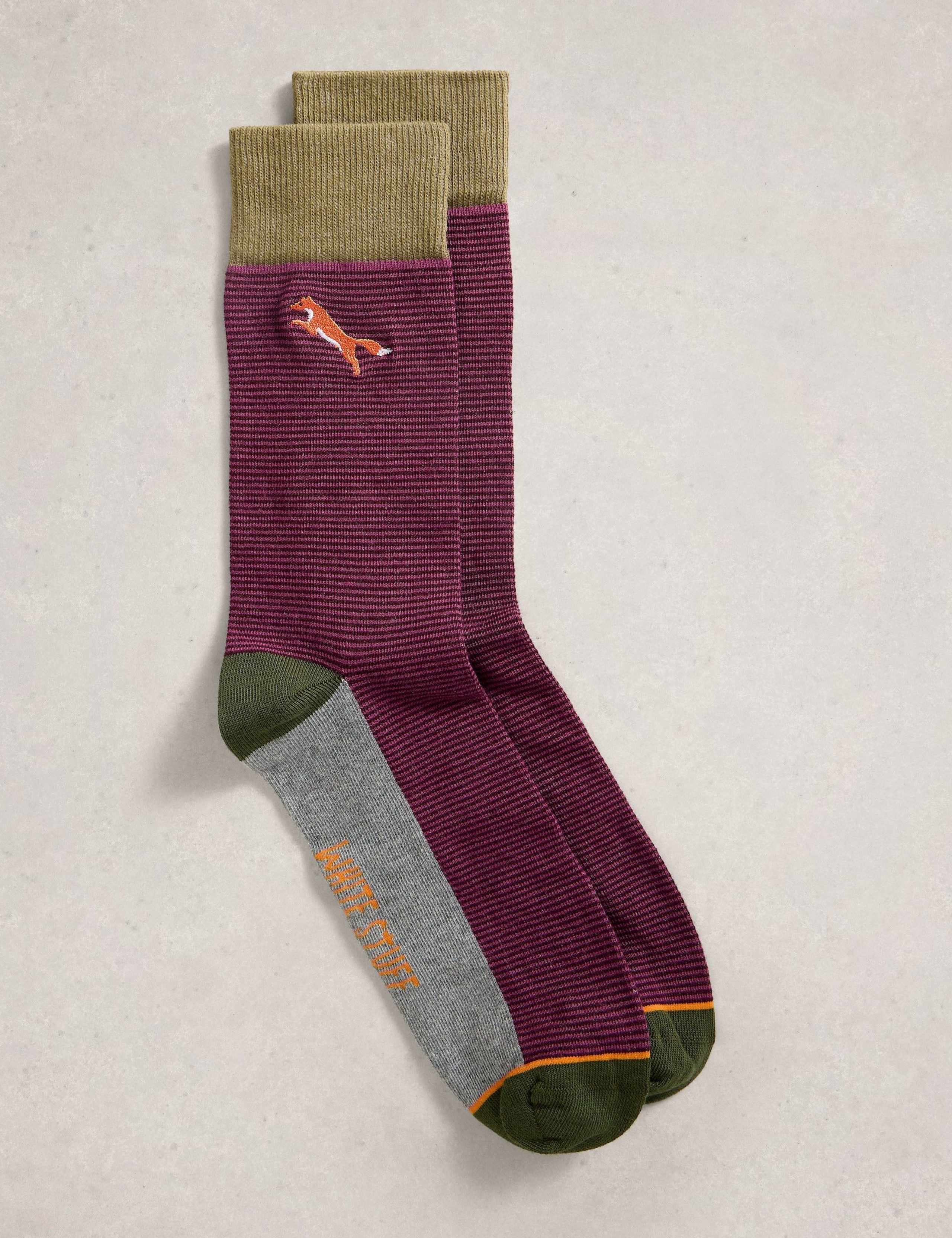 Striped Fox Embroidered Cotton Rich Socks