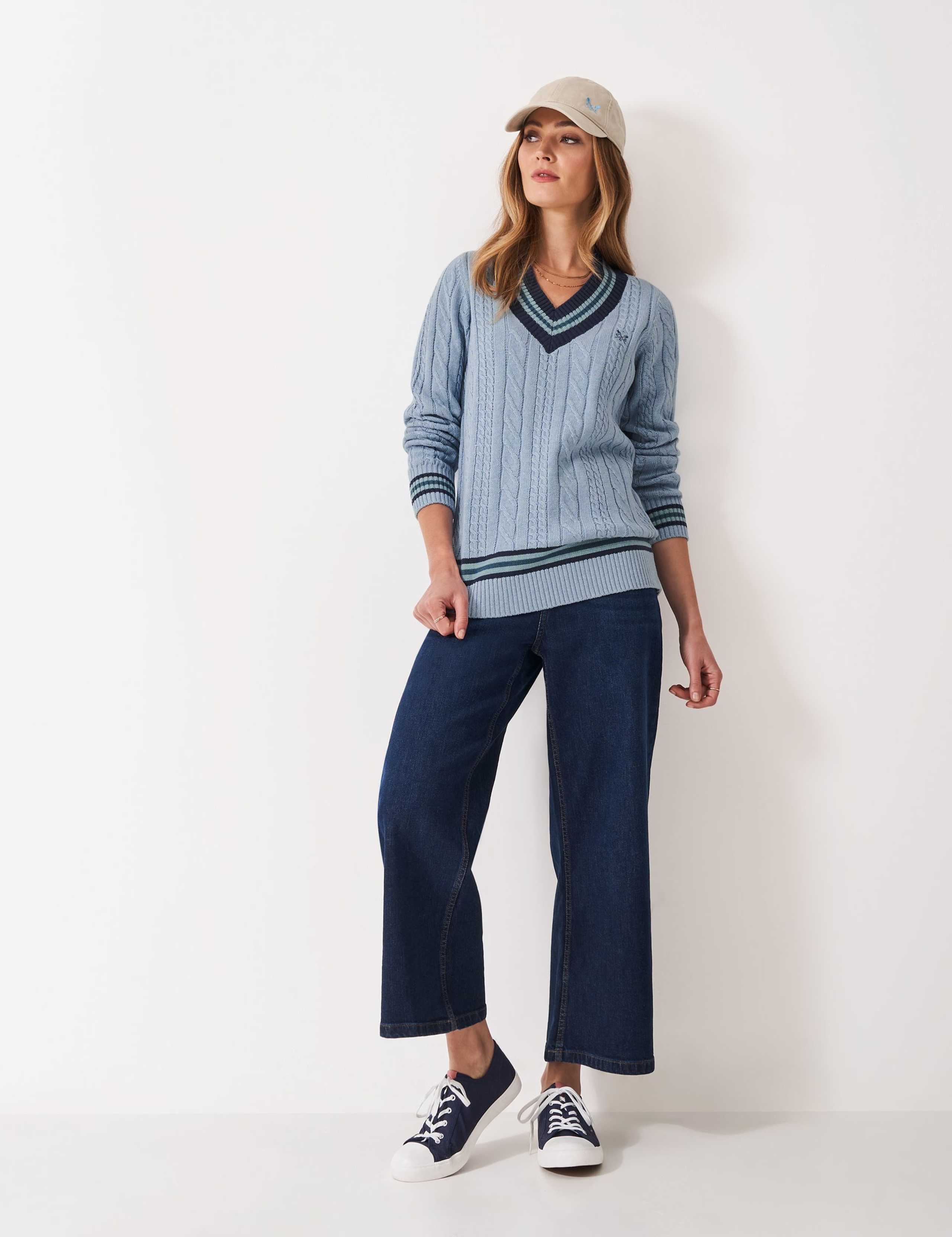 Pure Cotton Cable Knit Stripe V-Knit Jumper