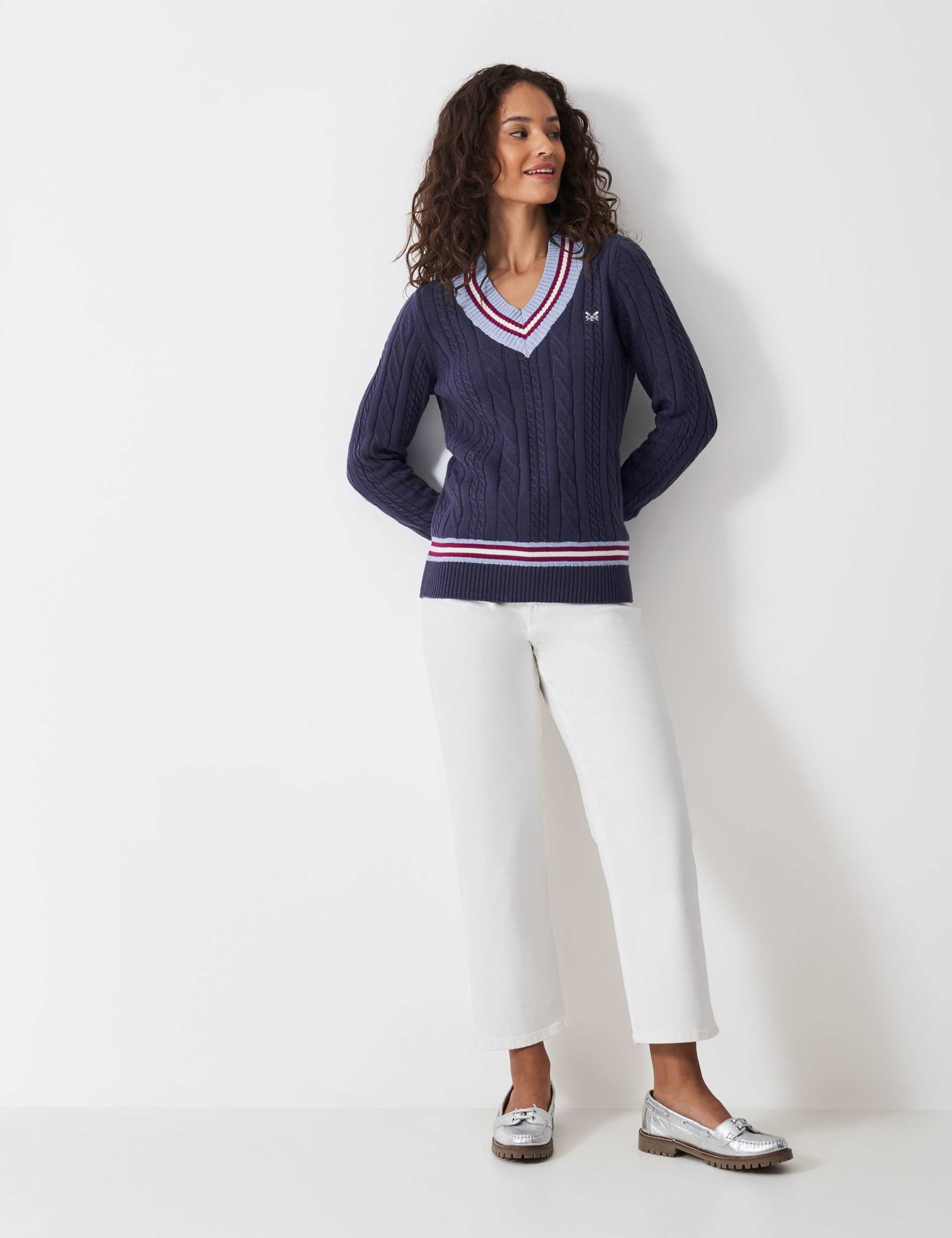 Pure Cotton Cable Knit Stripe V-Knit Jumper
