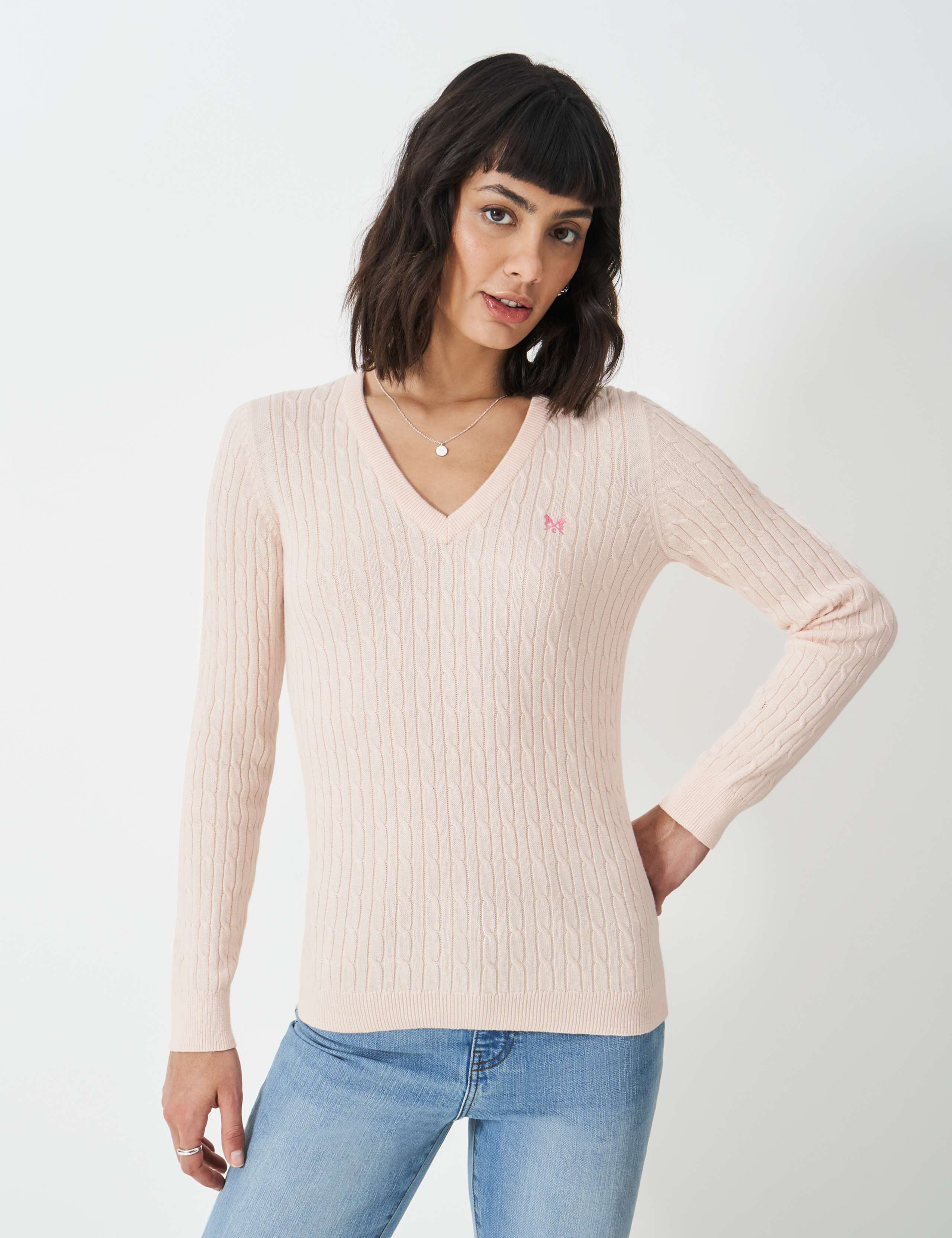 Cotton Rich Cable Knit V-Neck Jumper