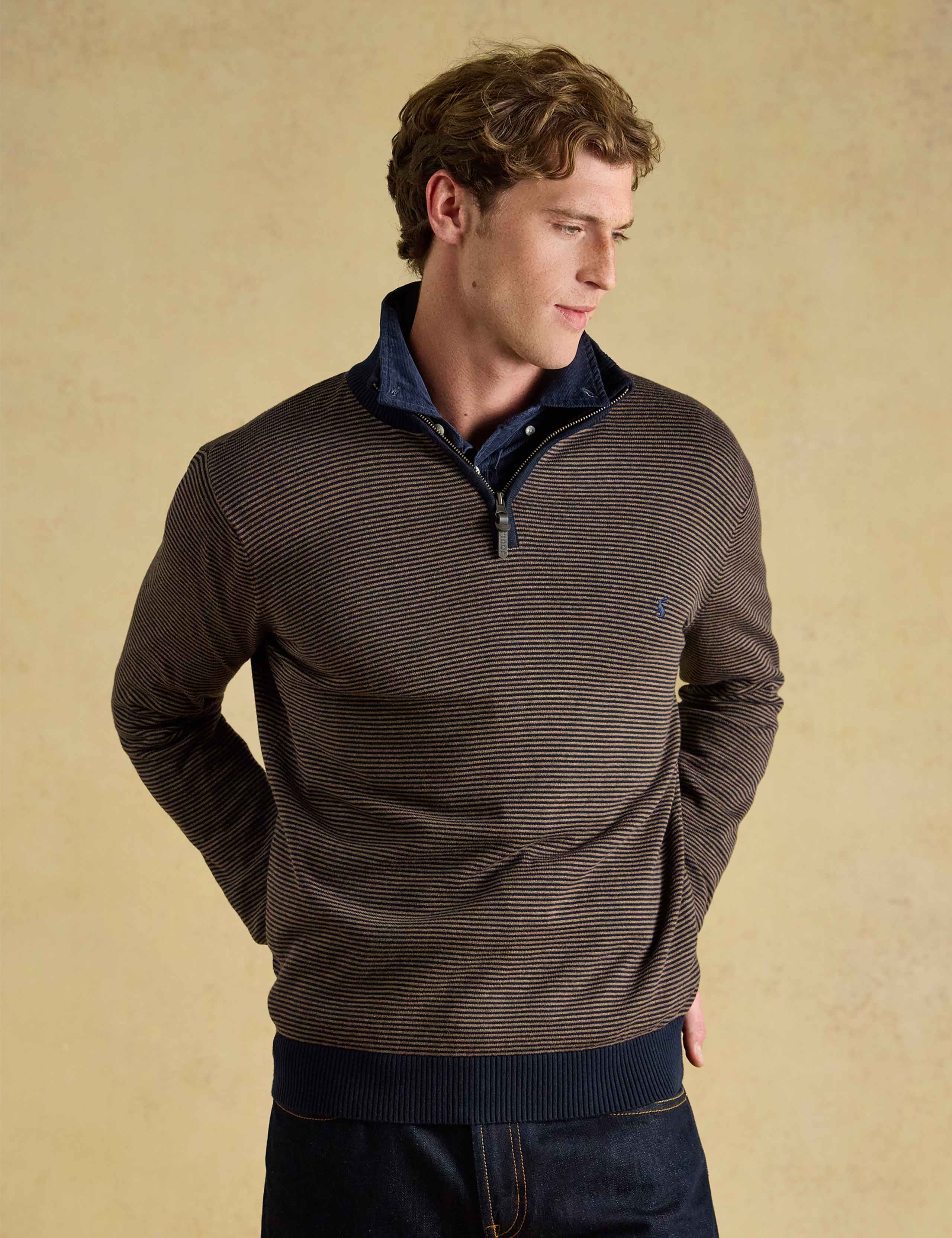 Pure Cotton Striped Funnel Neck Half Zip Jumper