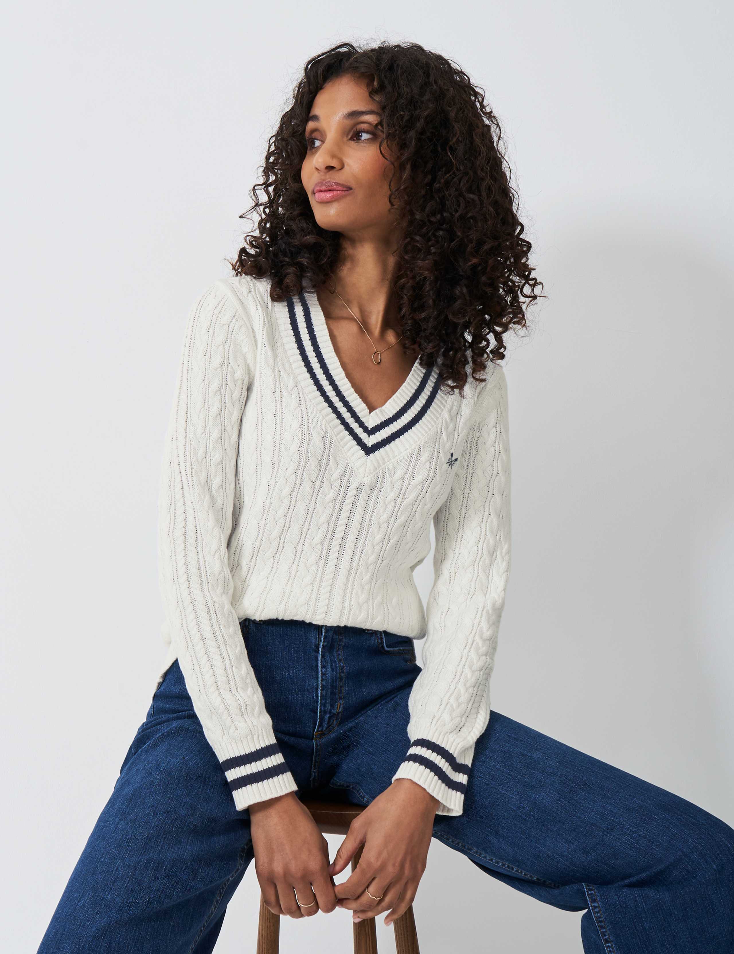 Pure Cotton Cable Knit V-Neck Cricket Jumper