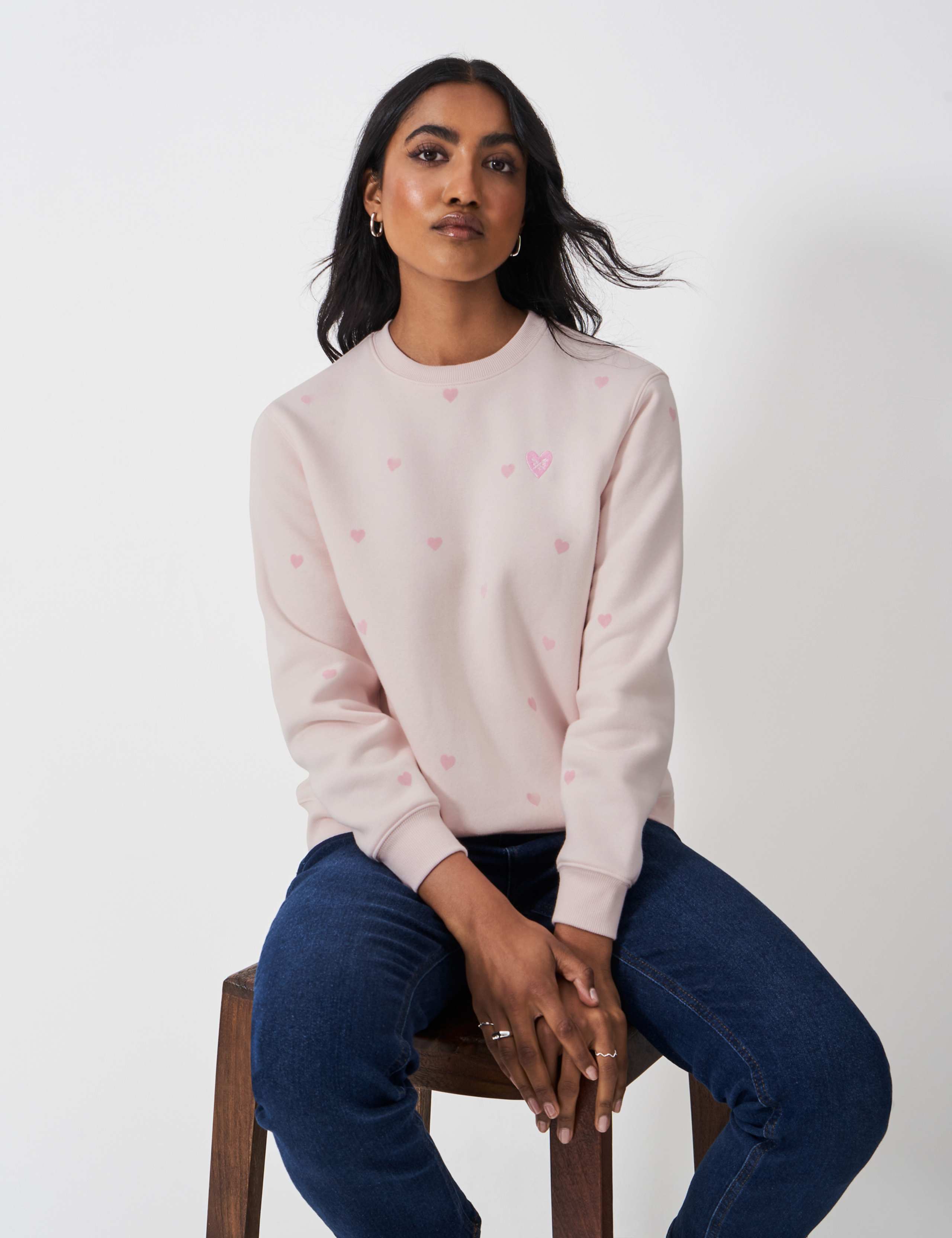 Cotton Rich Heart Print Crew Neck Sweatshirt